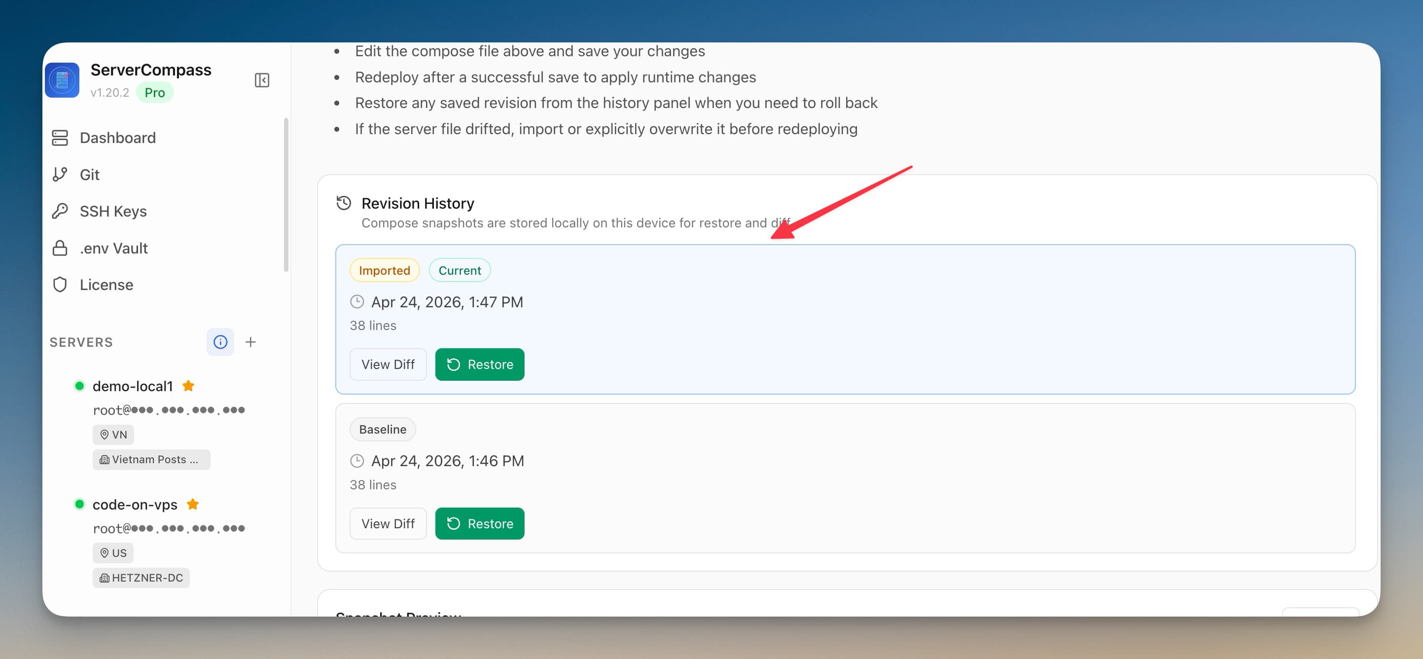Compose Edit History screenshot in Server Compass