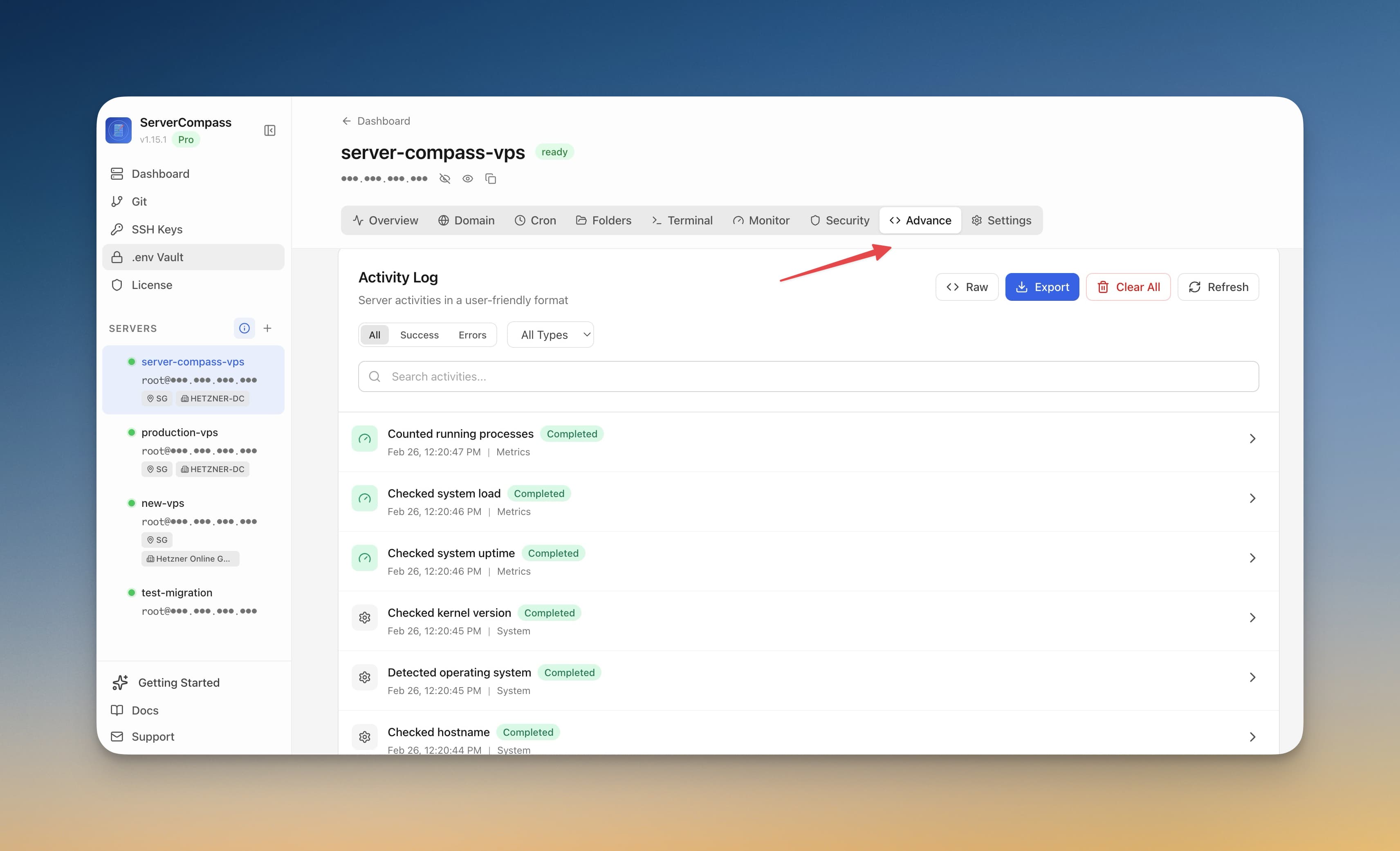 Server Compass activity logs screen for server operation history