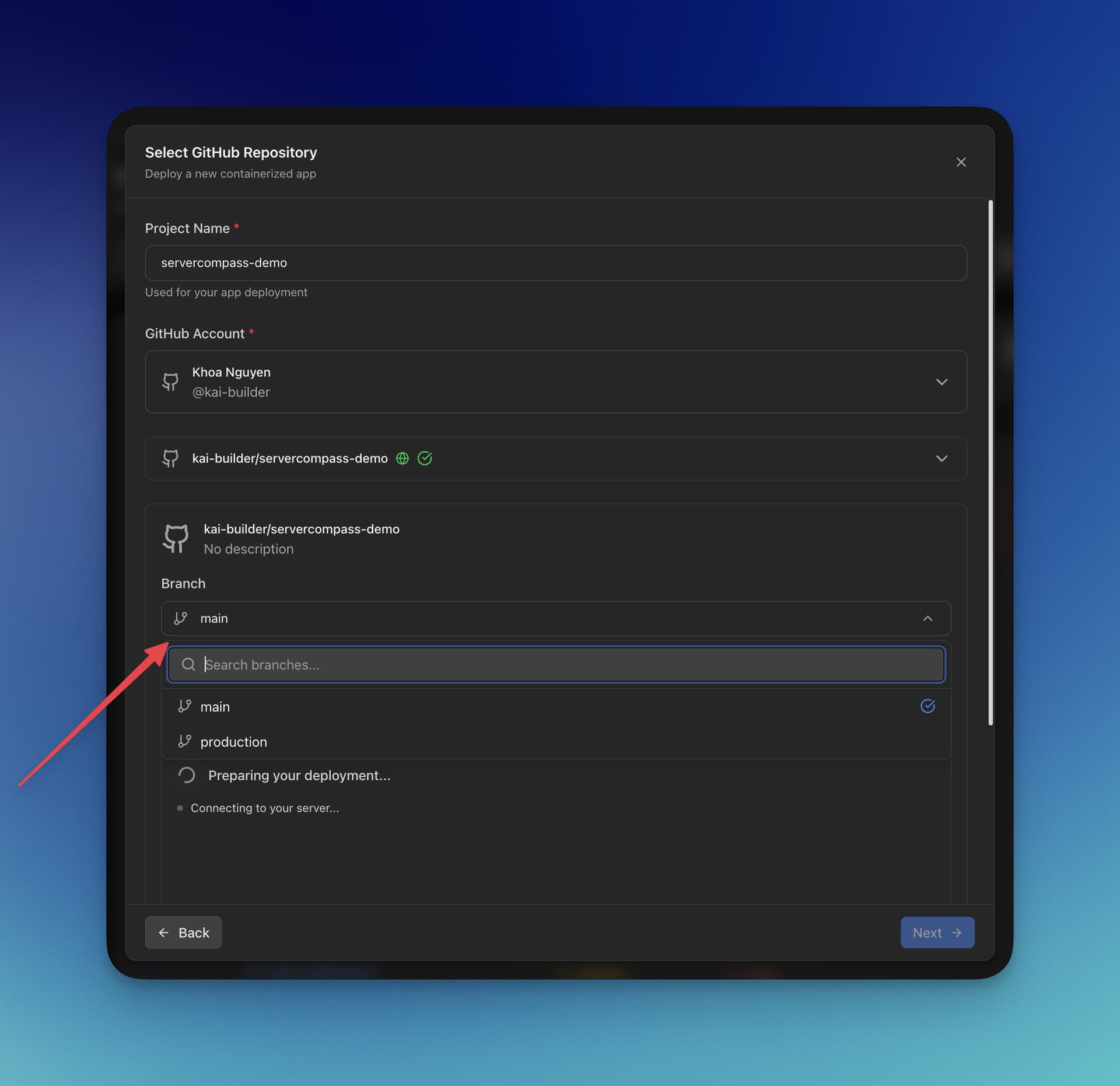 Server Compass branch selection dropdown