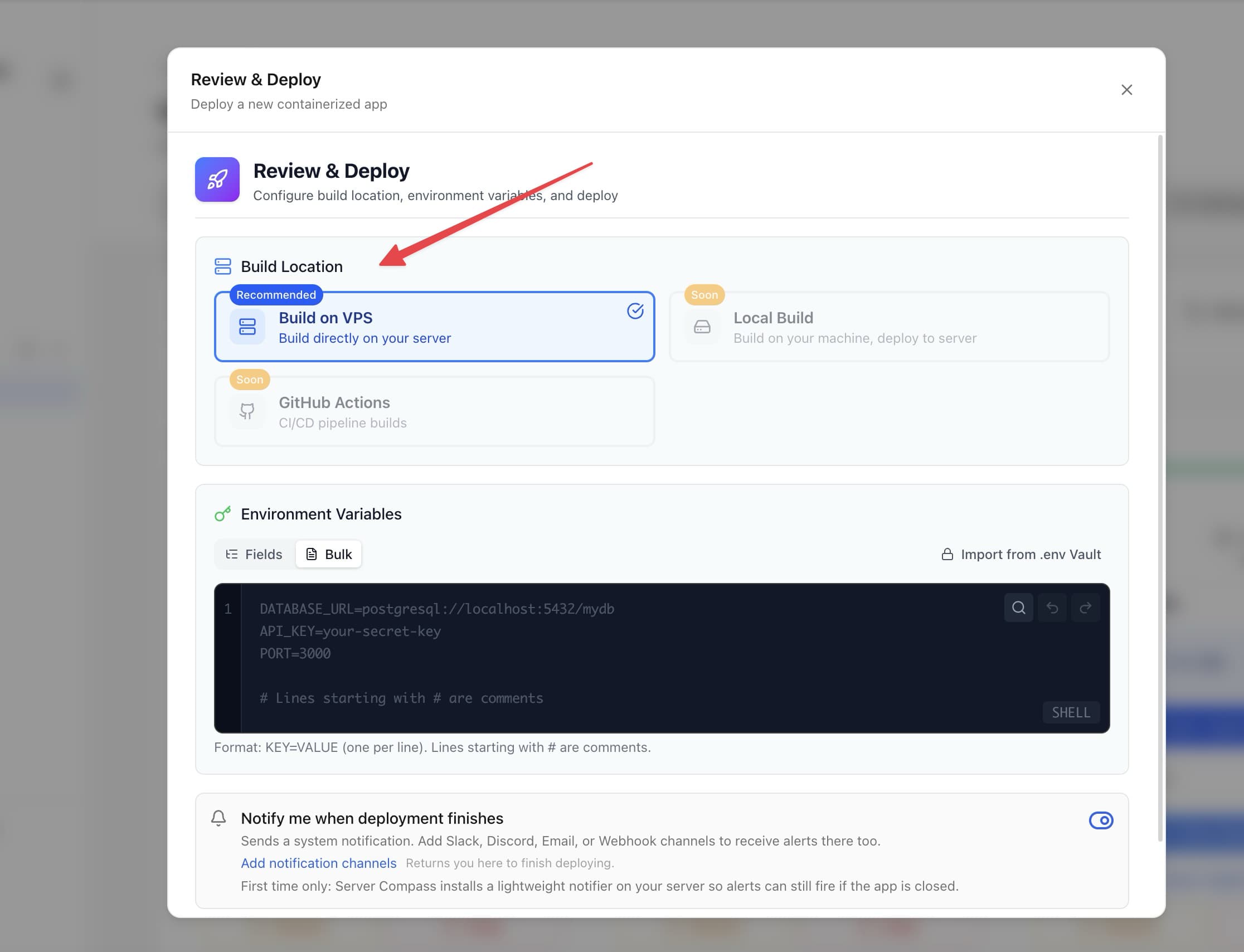 Server Compass build location selection showing Build on VPS, Local Build, and GitHub Actions options with environment variables editor