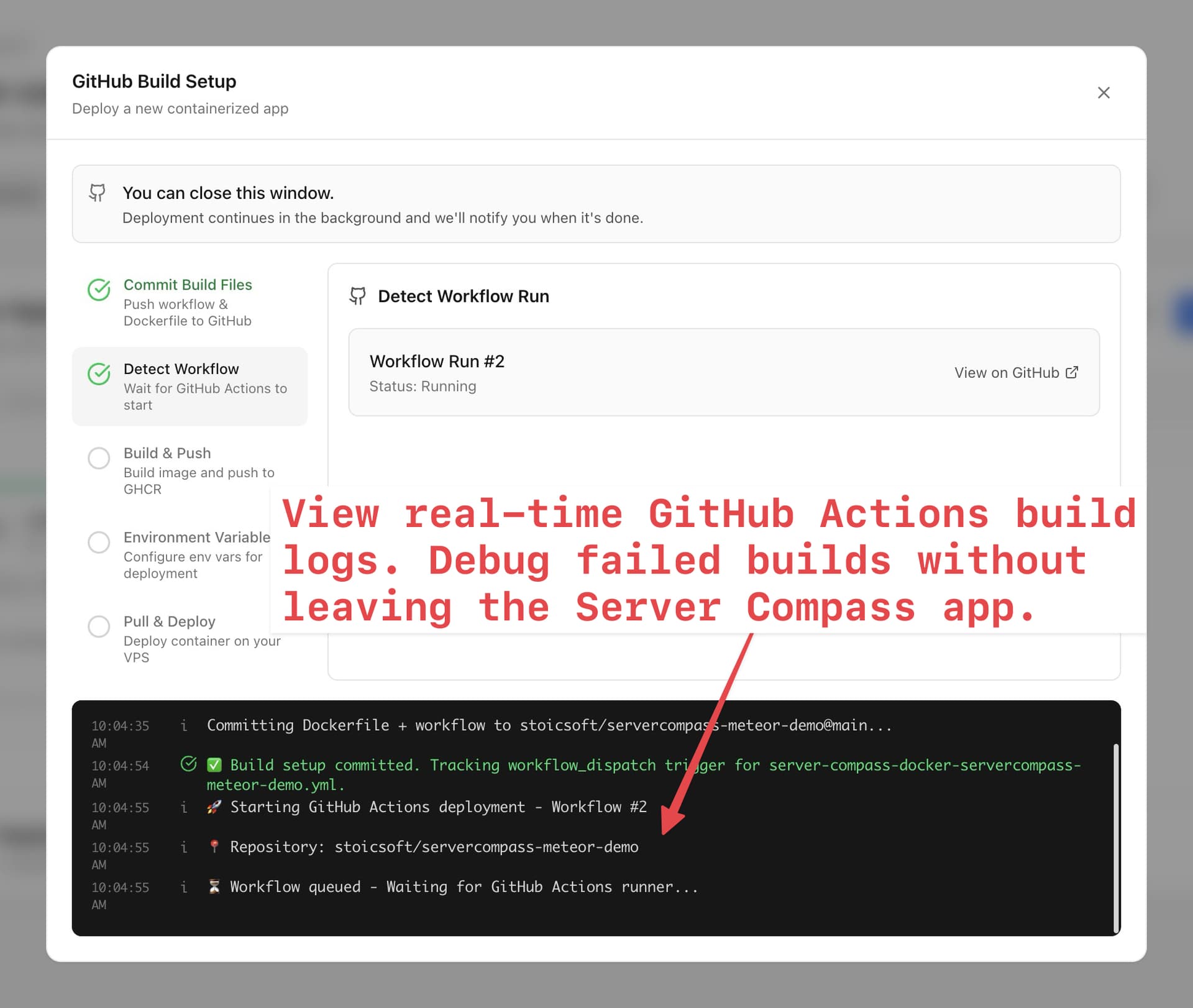 Server Compass real-time build logs during deployment