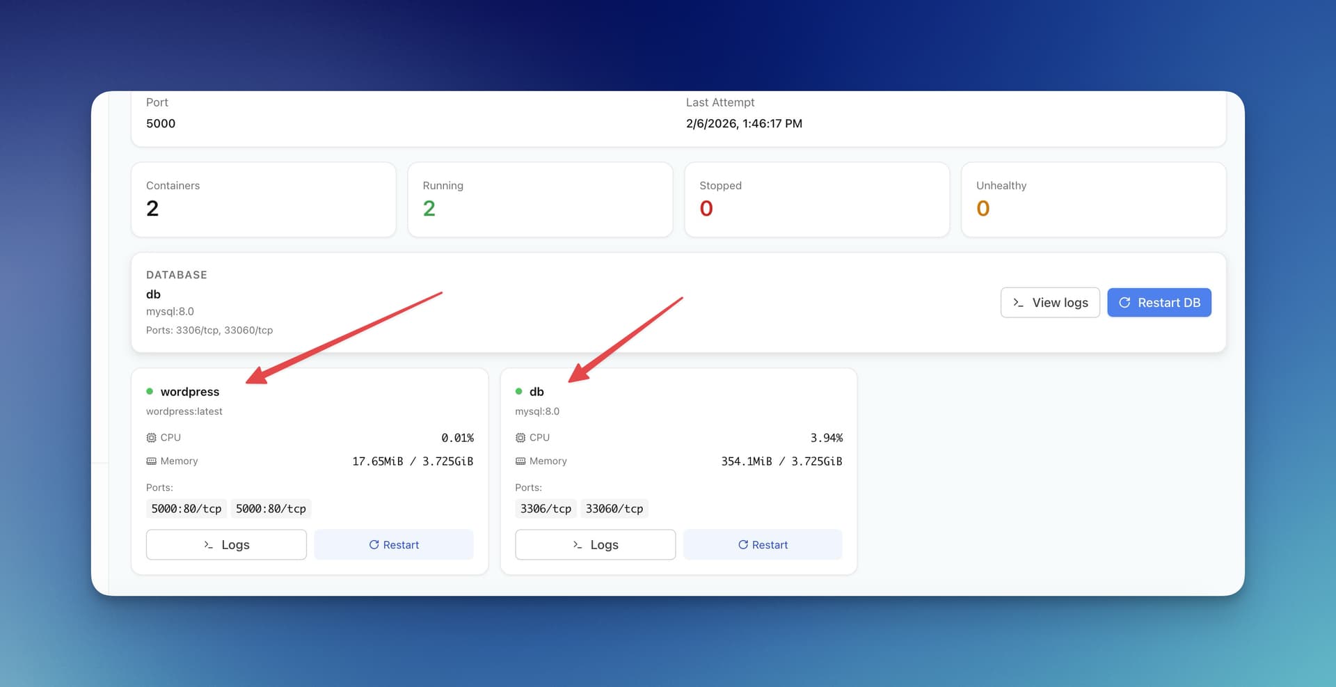 Server Compass container management dashboard showing running containers with CPU and memory metrics