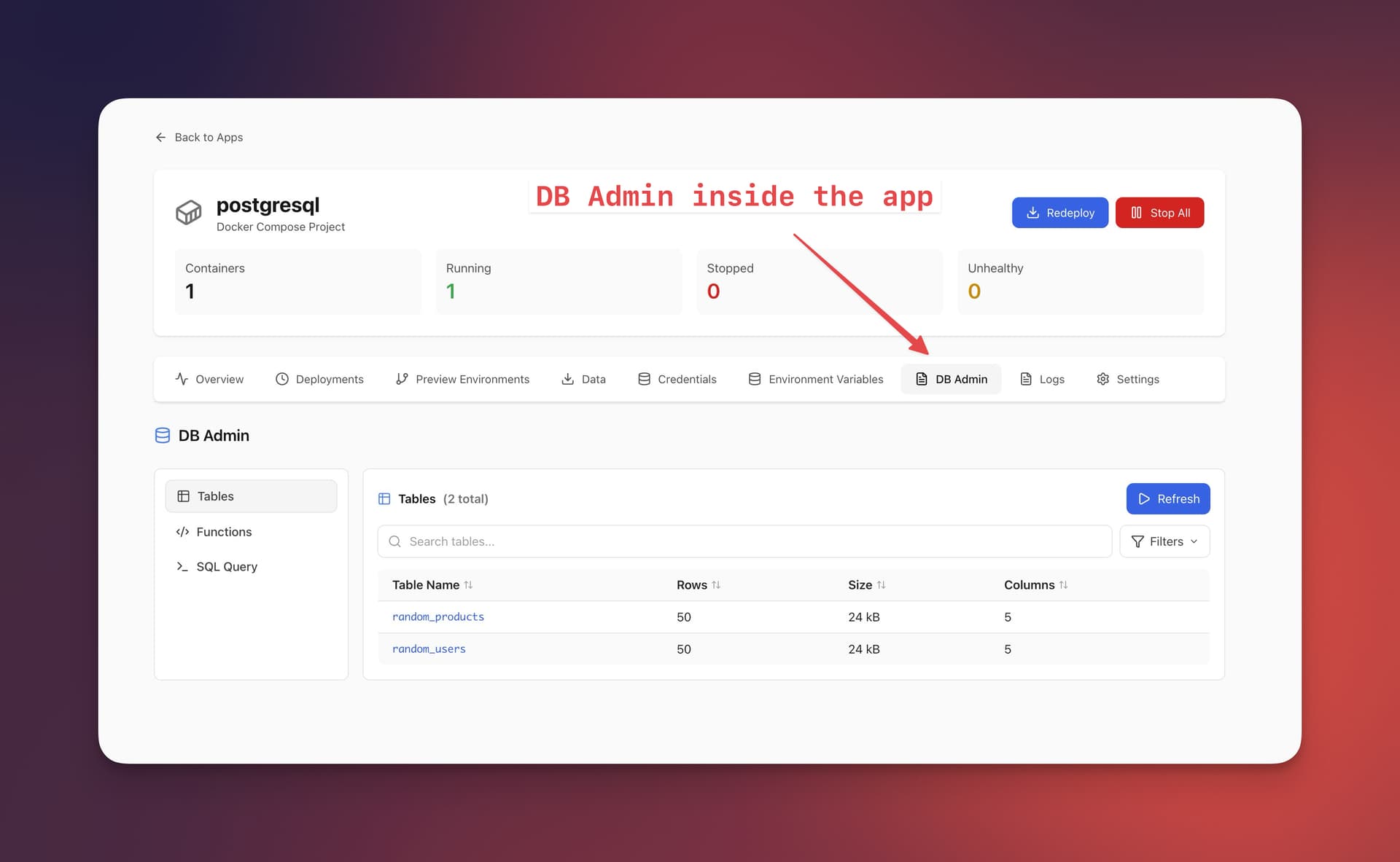 Server Compass database admin panel showing PostgreSQL tables and schema