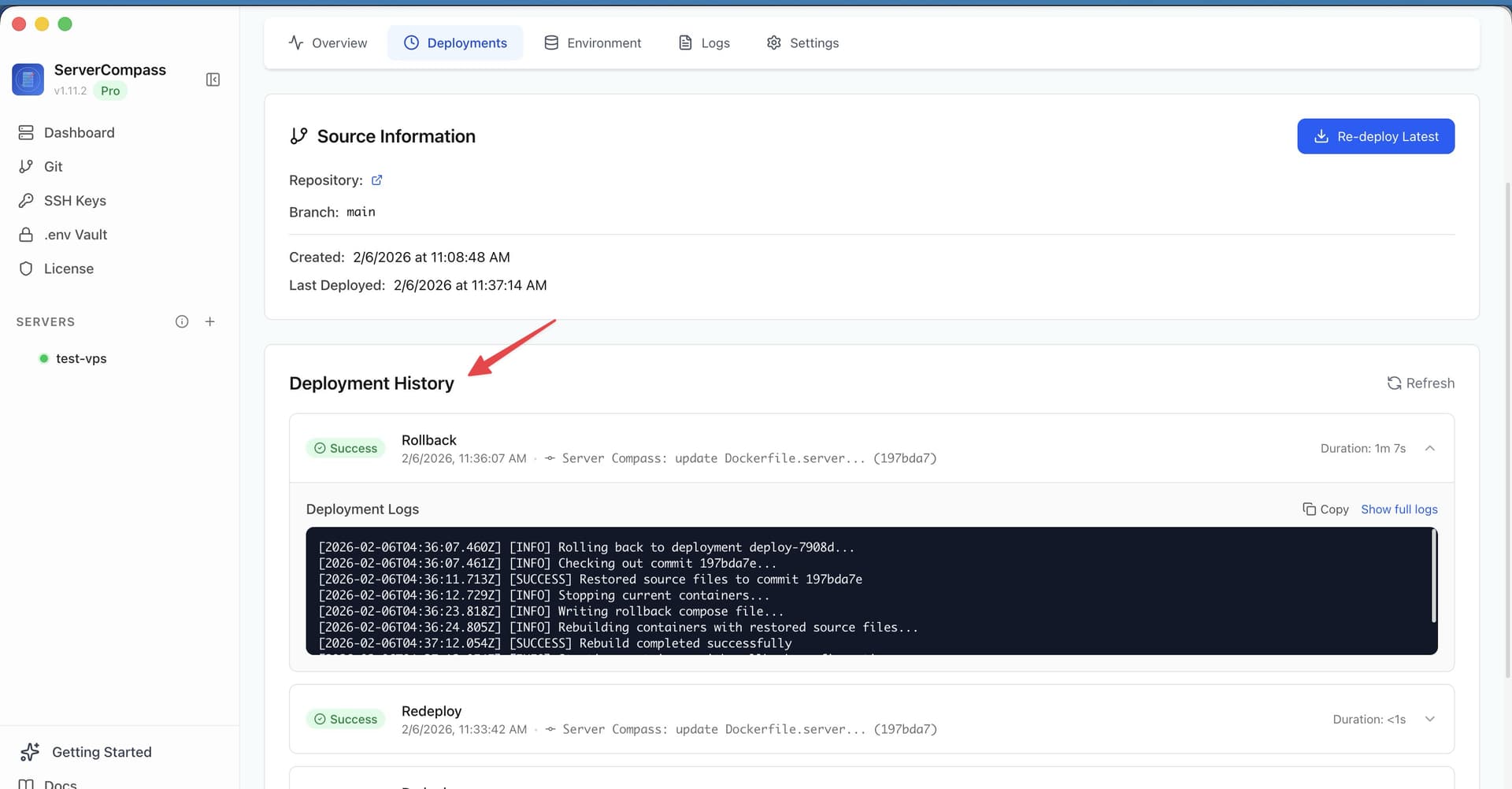 Server Compass deployment history showing zero-downtime blue-green deployments