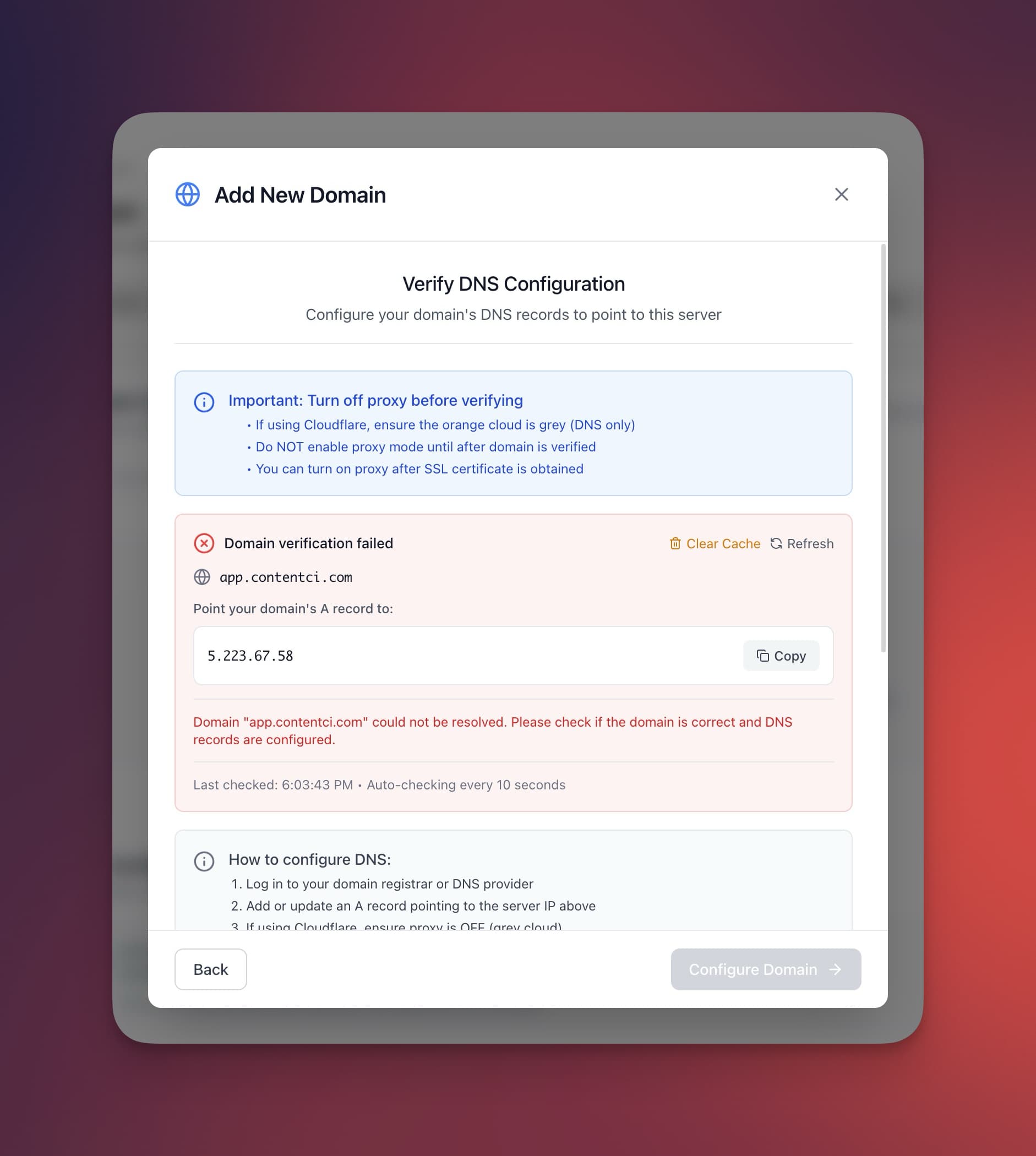 Server Compass DNS verification screen for checking domain records before cutover