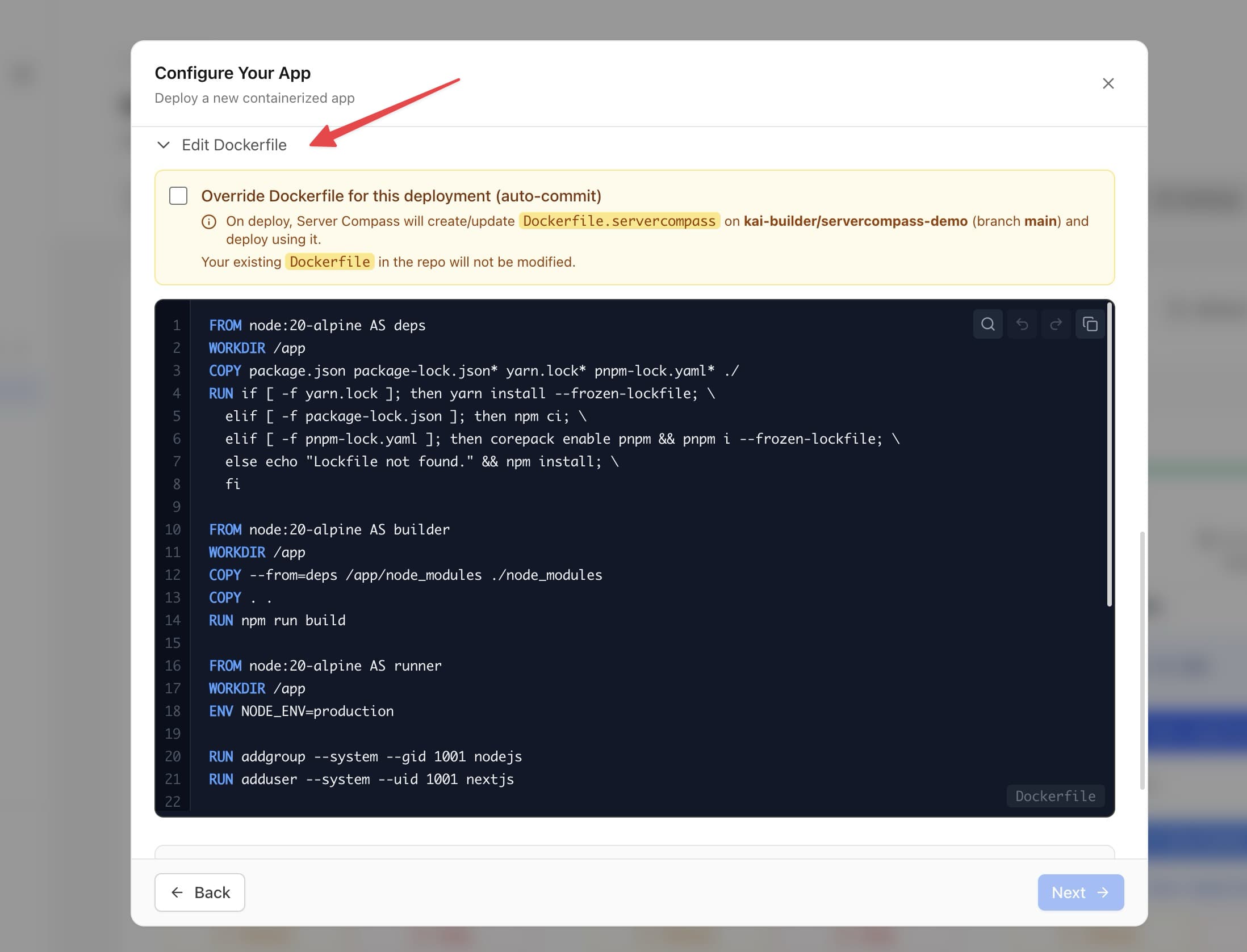 Local Dockerfile Upload screenshot in Server Compass