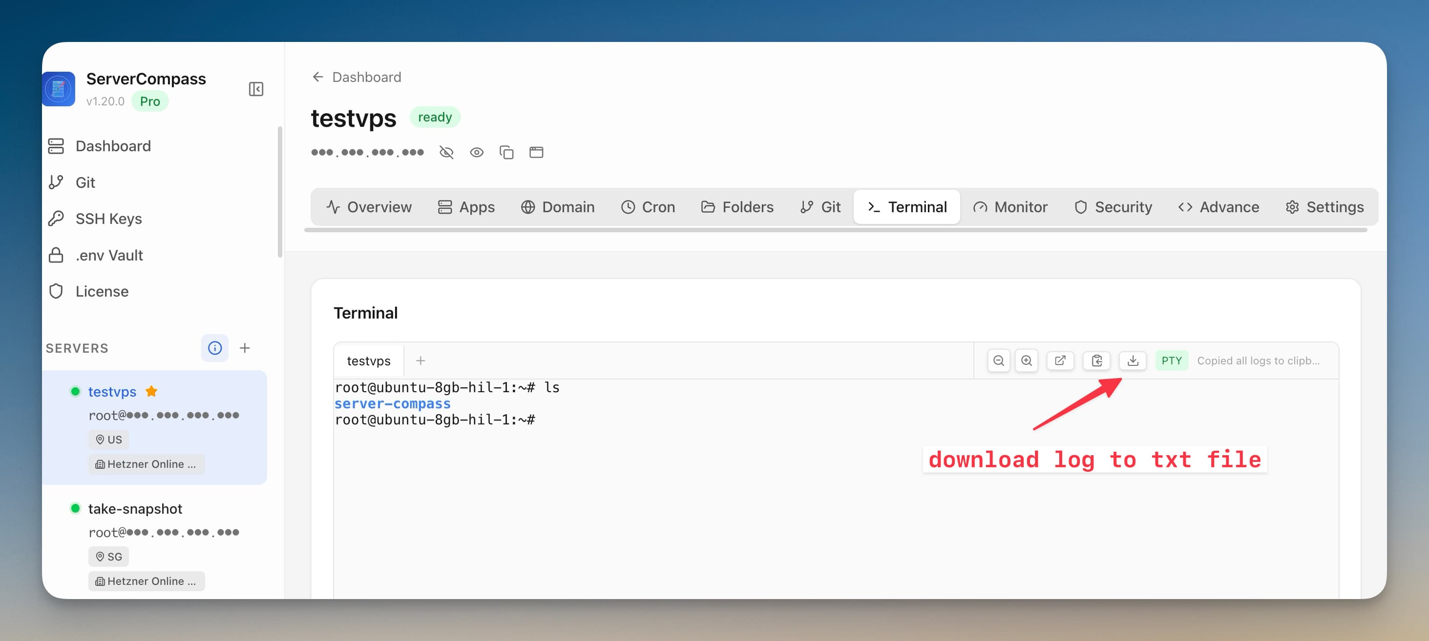 Download Terminal Logs screenshot in Server Compass