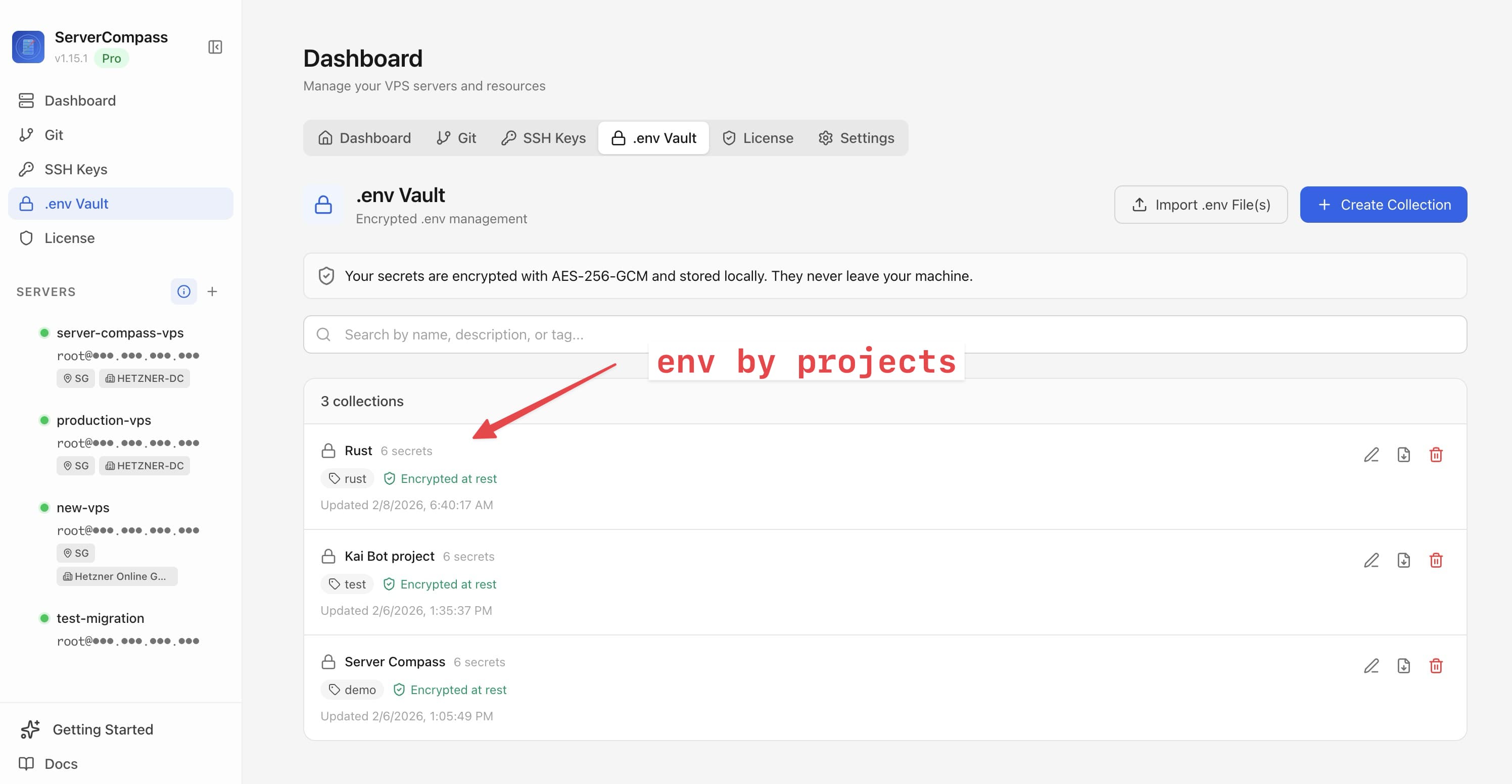 Server Compass .env Vault showing encrypted environment variable collections organized by project, with AES-256-GCM encryption and import/export options