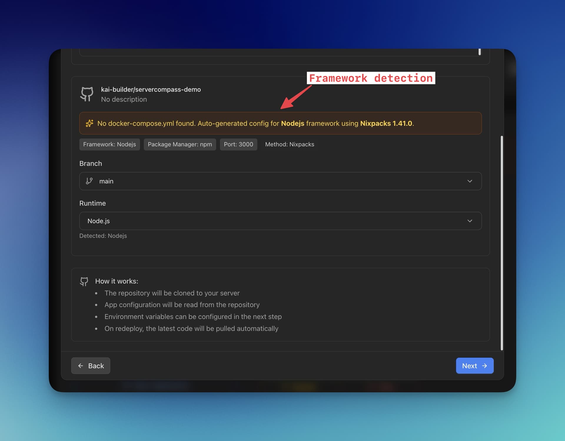 Server Compass framework detection showing FastAPI project with automatic Dockerfile generation