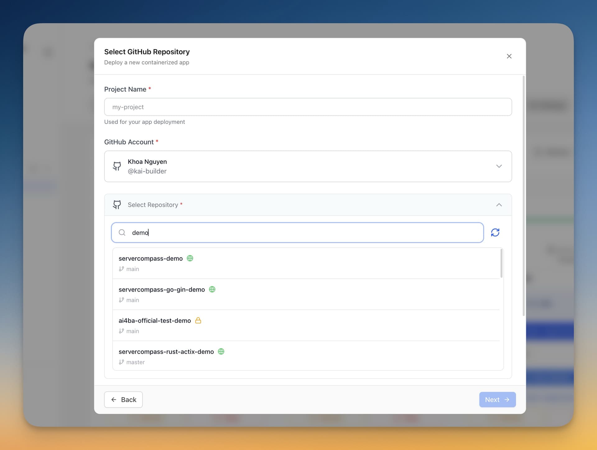 Server Compass GitHub repository selection