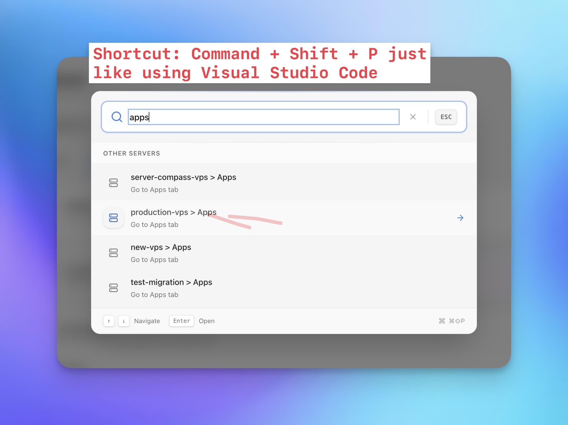 Keyboard Shortcuts screenshot in Server Compass