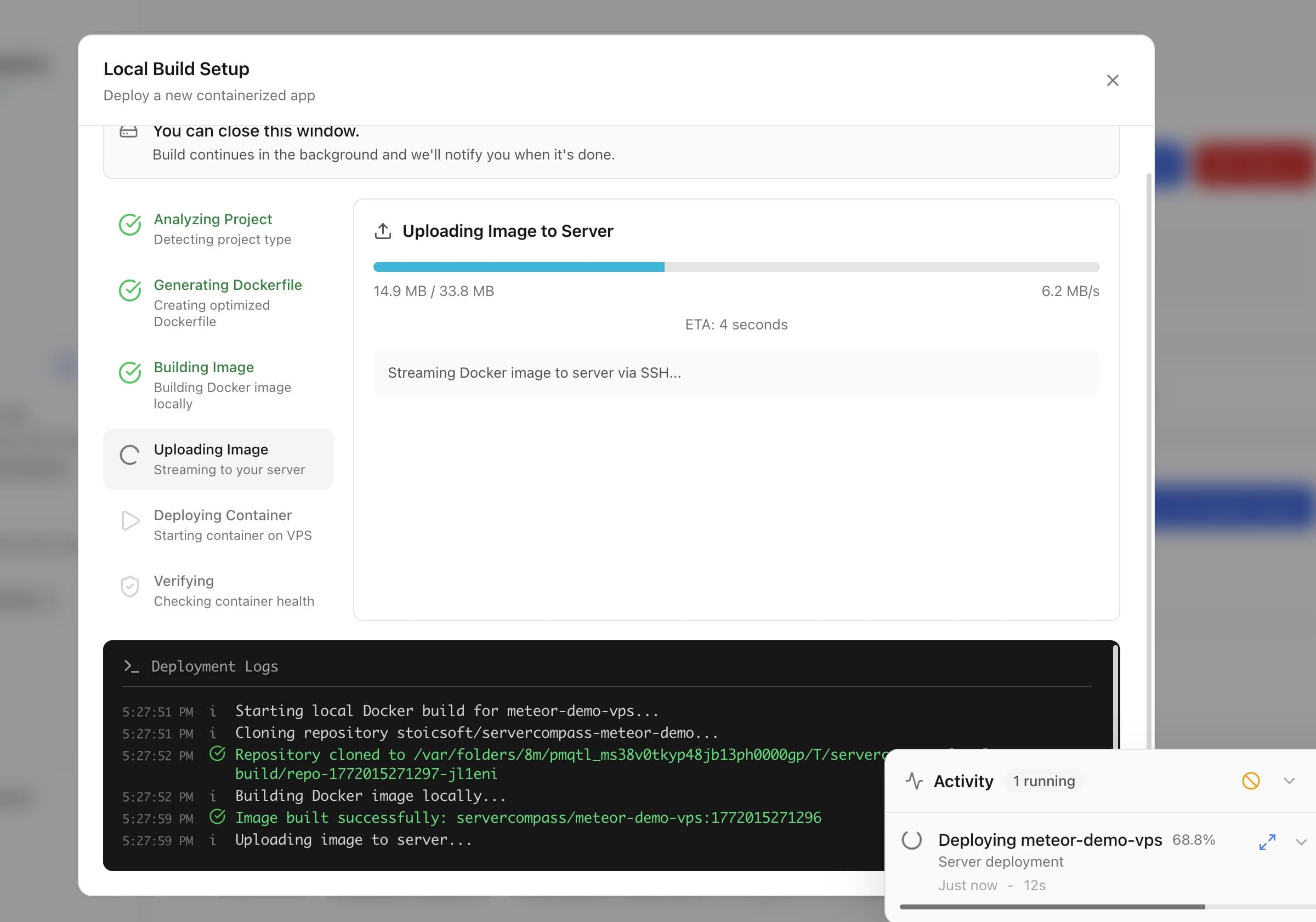 Server Compass local build in progress showing real-time deployment phases: Analyzing Project, Generating Dockerfile, Building Image, Uploading Image to server with progress bar and deployment logs