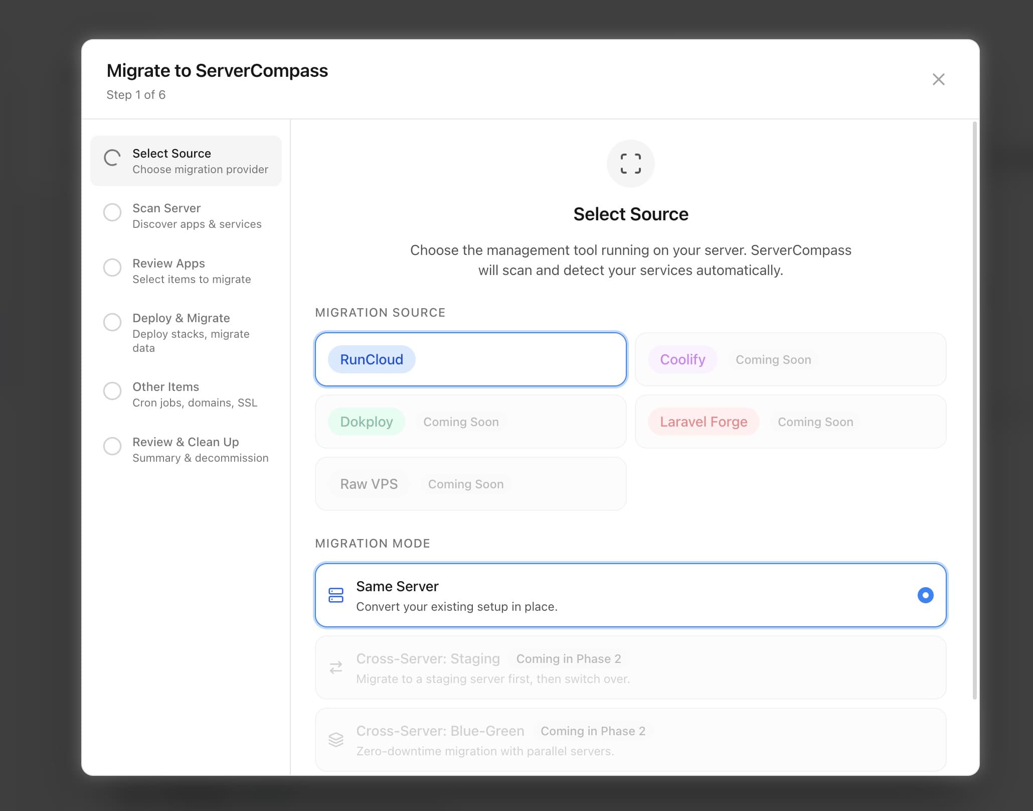 Server Compass migration providers screen for selecting a source platform