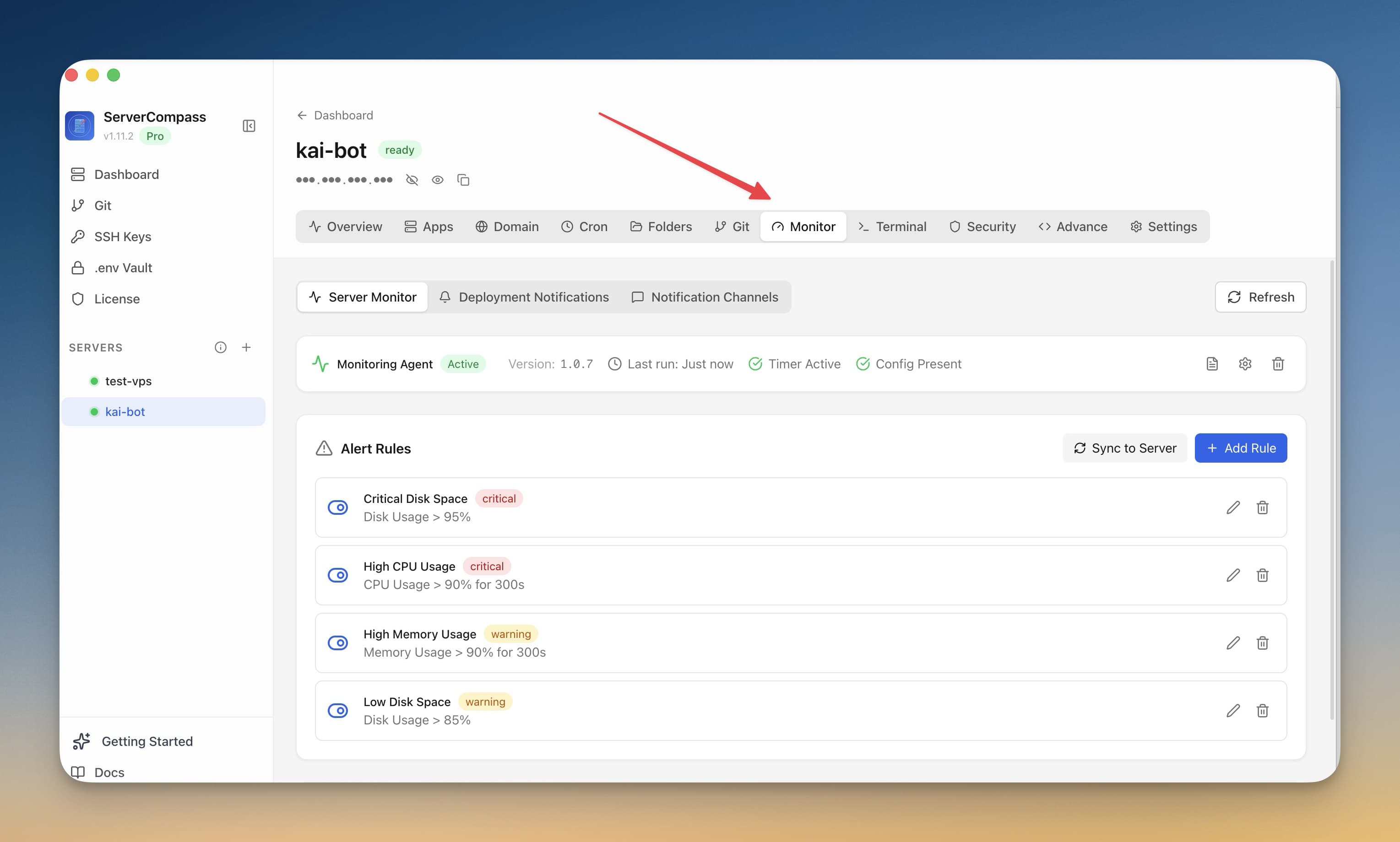 Server Compass monitoring agent screen for VPS health checks