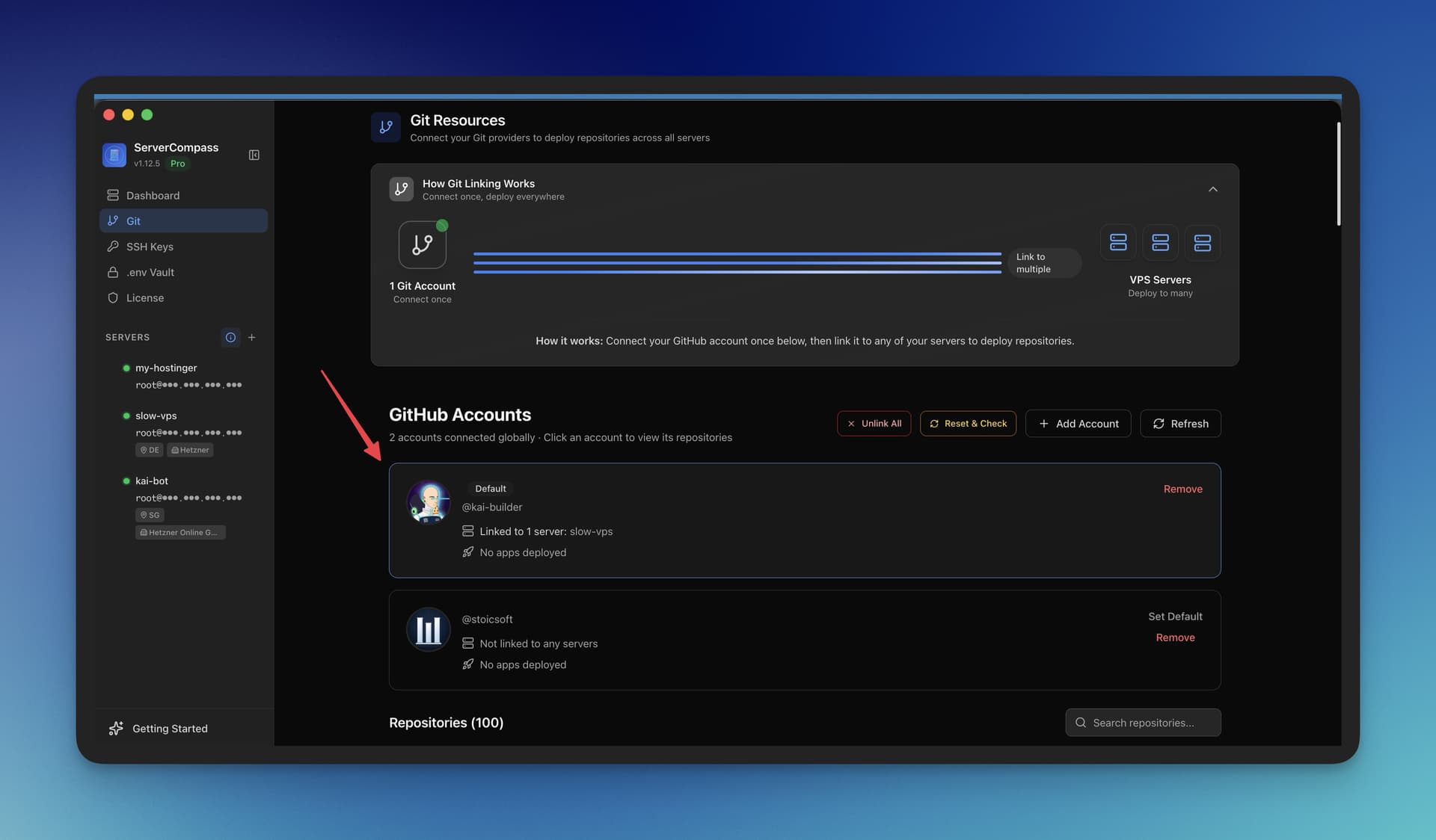 Server Compass multi-account GitHub management
