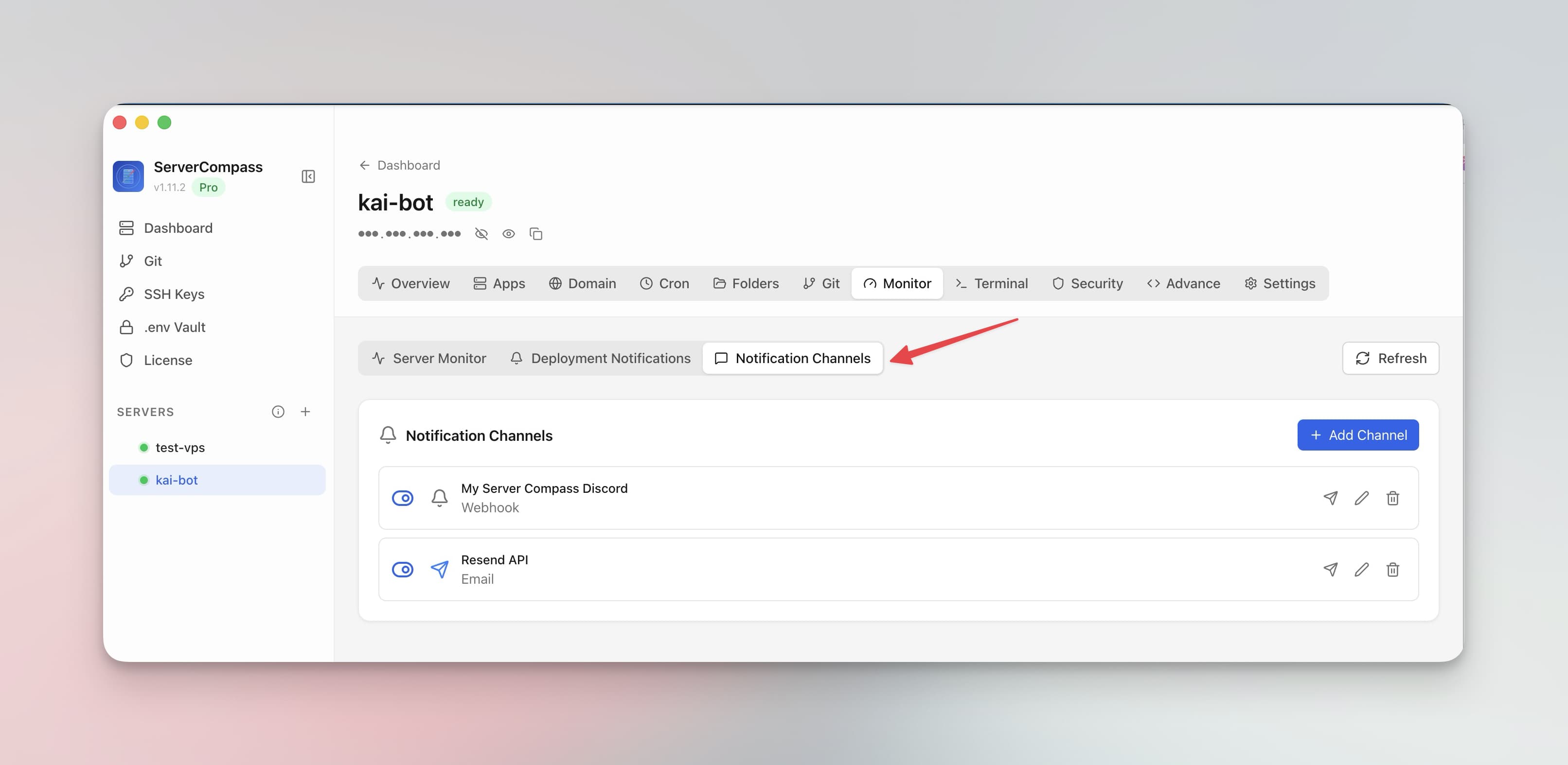 Server Compass notification channels screen for alert delivery