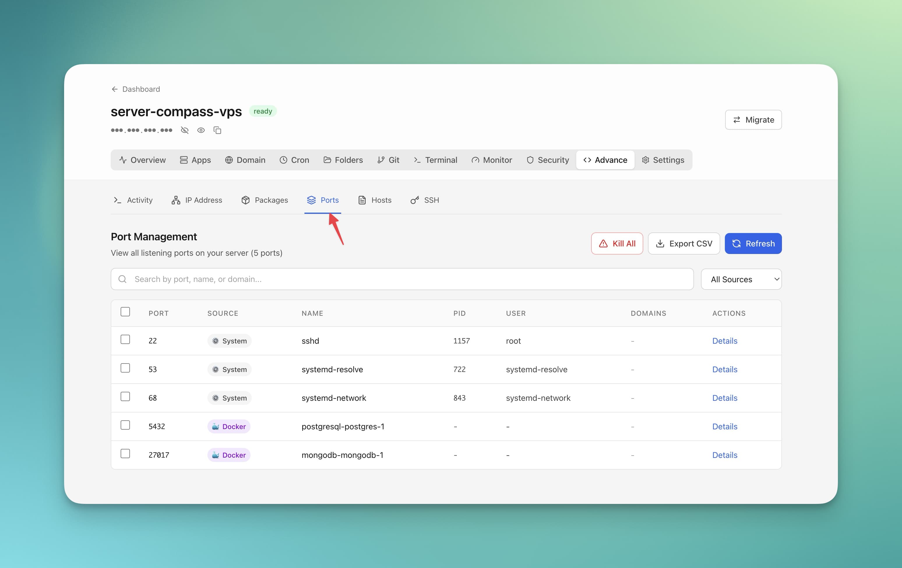 Server Compass Port Management view showing all listening ports on the server with source labels (System, Docker), process names, PIDs, and associated domains