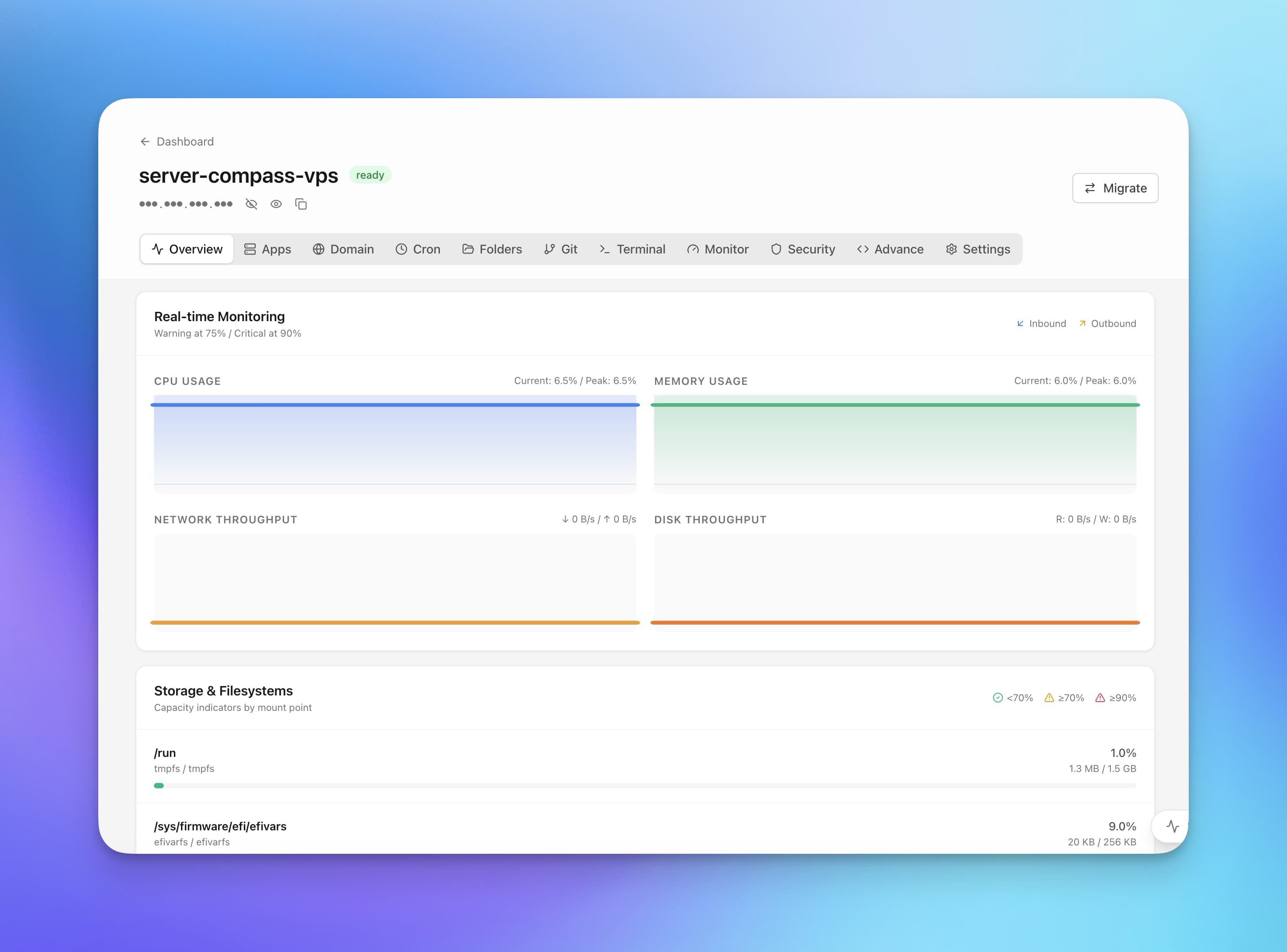 Server Compass resource monitoring screen with CPU, memory, and disk graphs