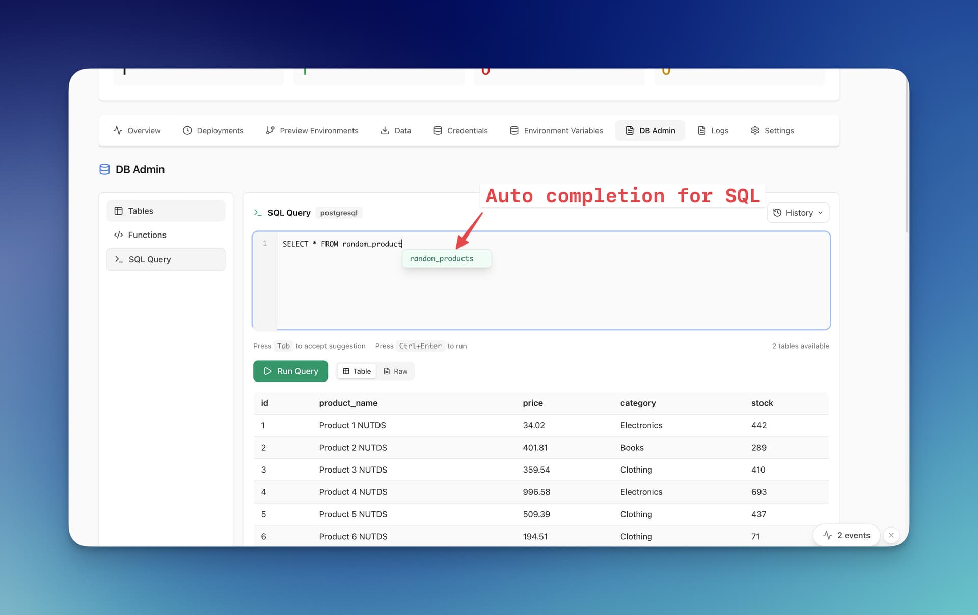 SQL query editor with syntax highlighting and results table