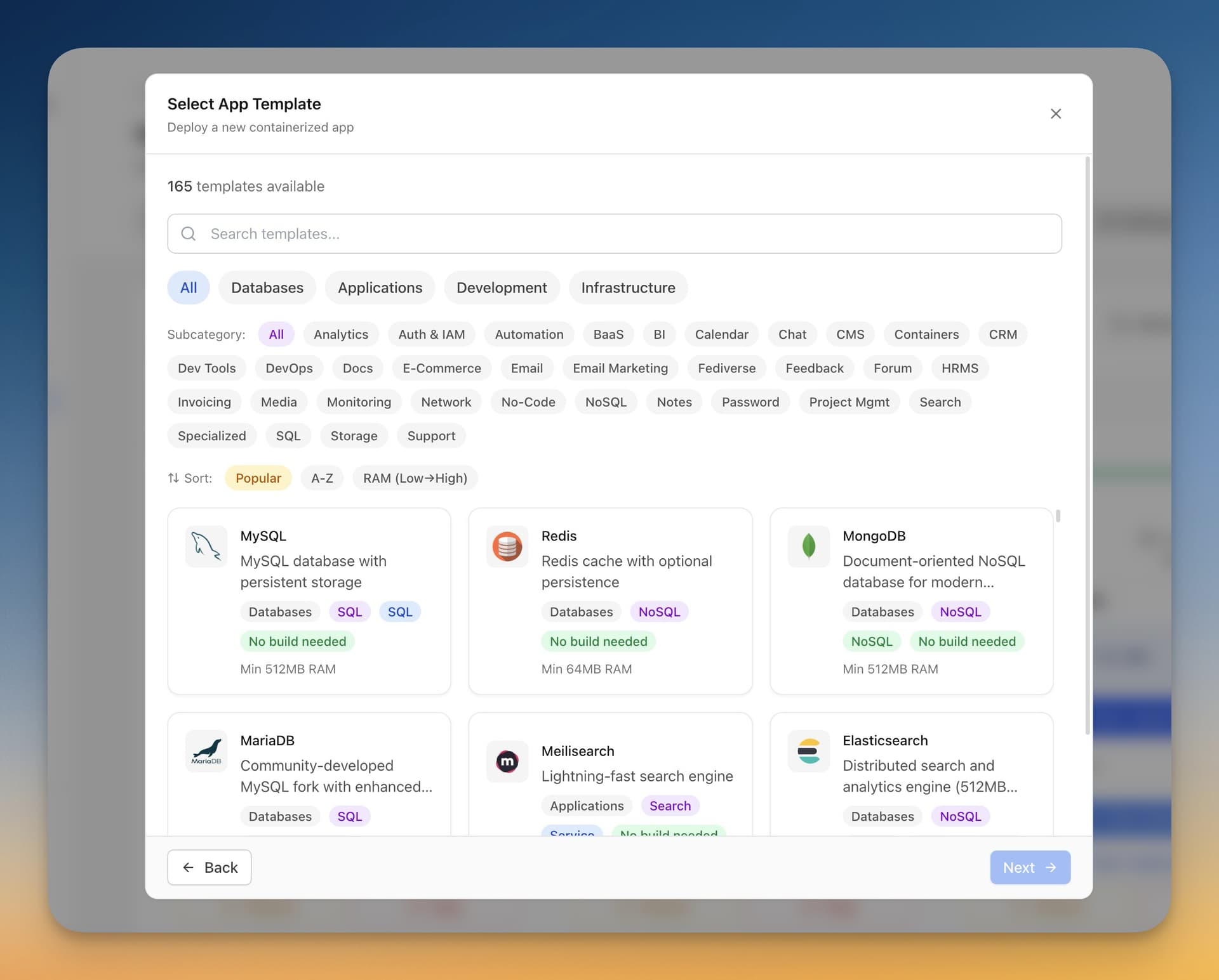 Server Compass template gallery showing 100+ one-click deployment templates