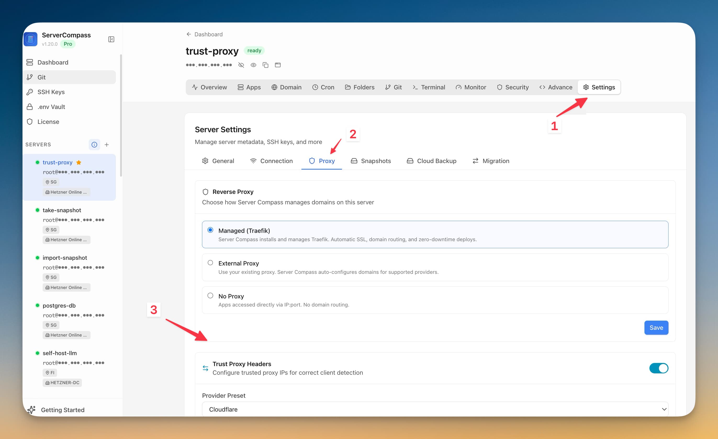 Server Compass trust proxy headers screen with Cloudflare proxy presets
