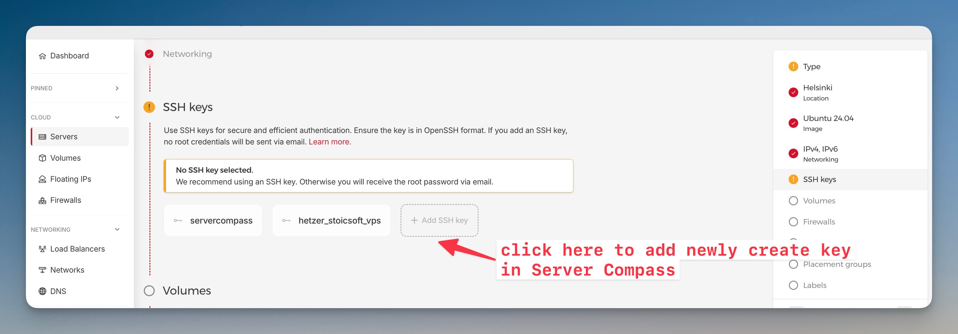 Add SSH key button in Hetzner