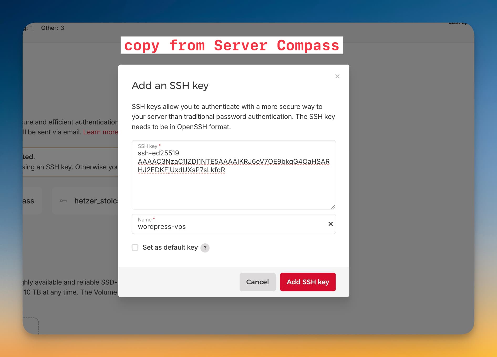 Paste public key in Hetzner