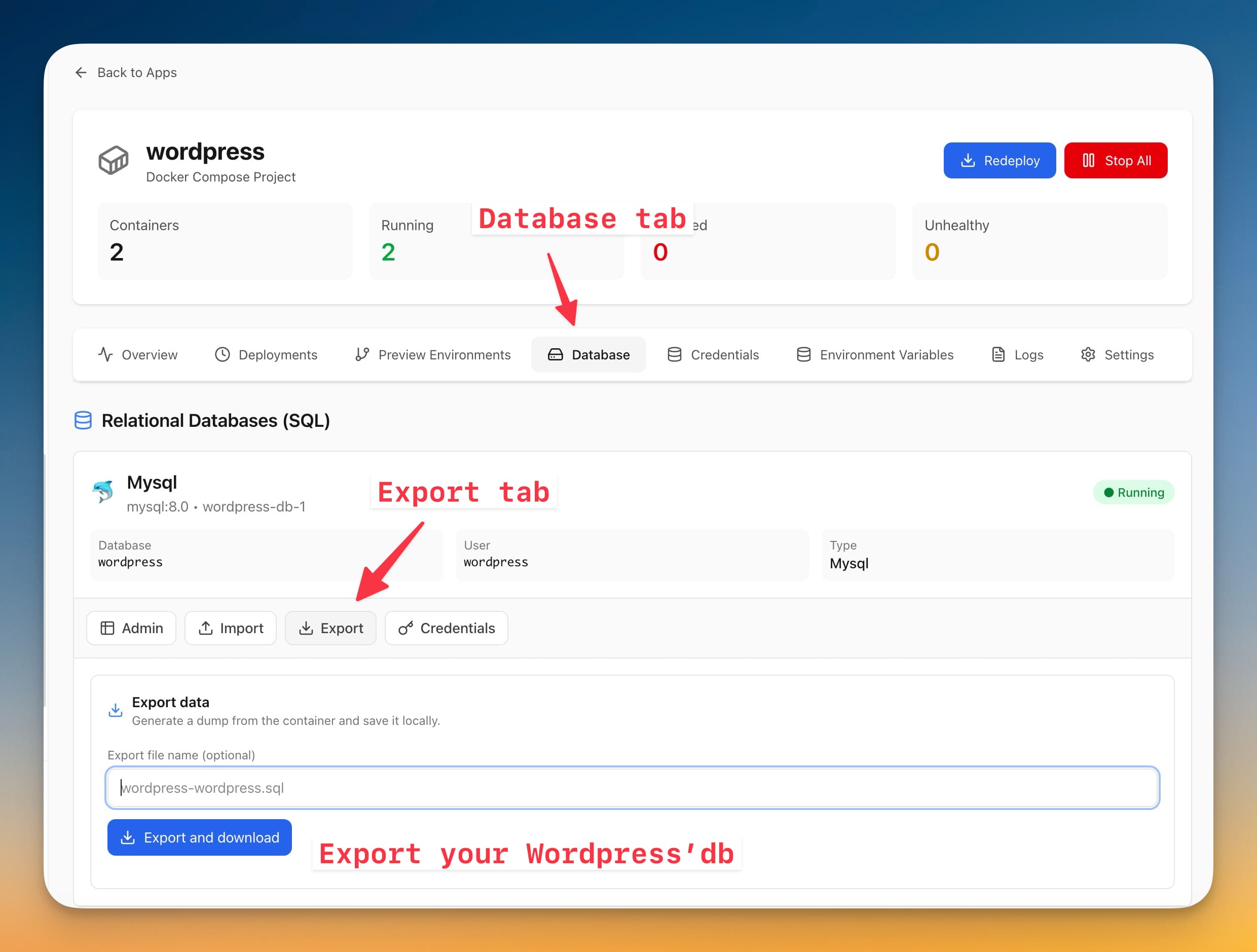 Database management tab