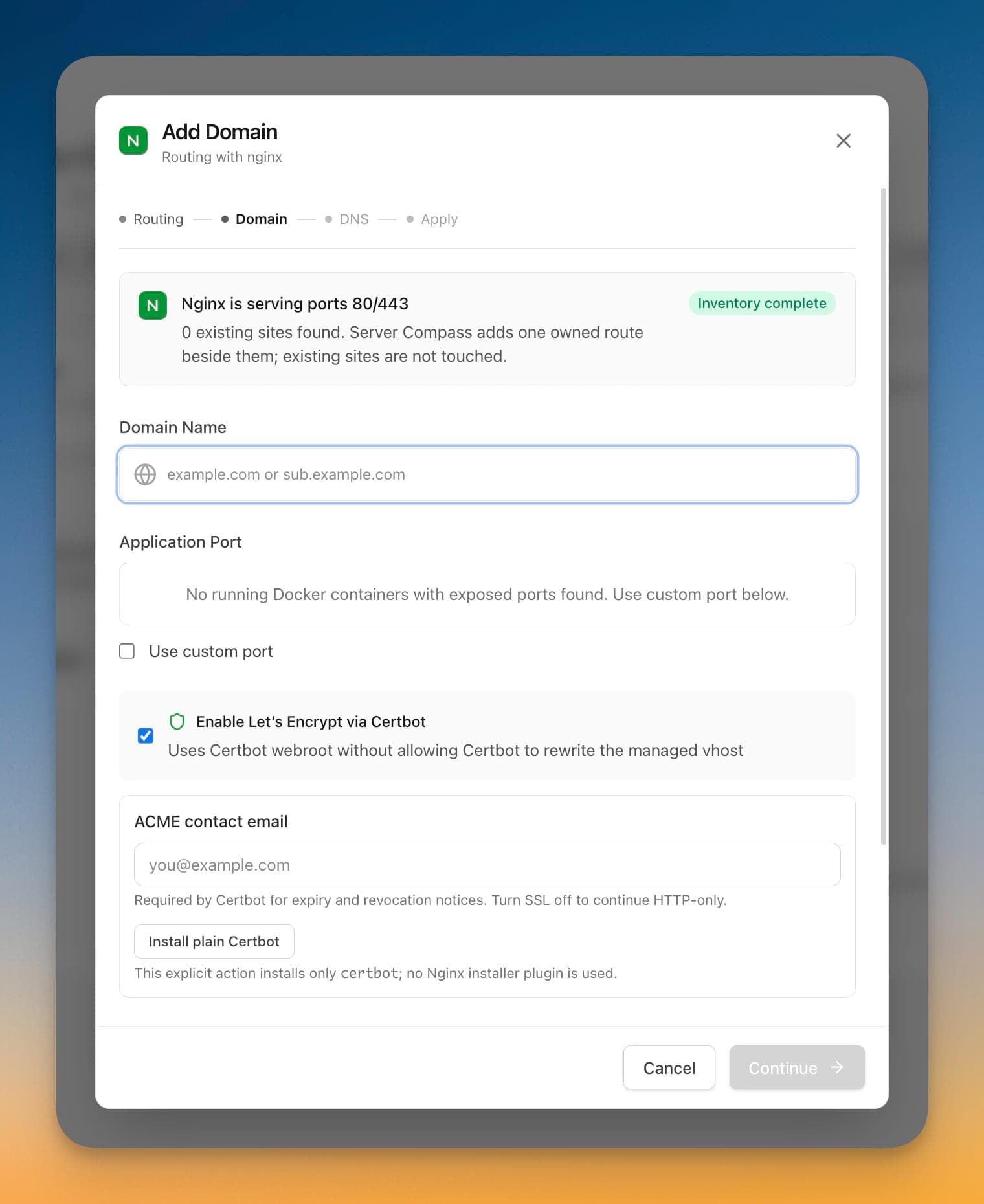 Add Domains Through Your Existing Proxy screenshot in Server Compass