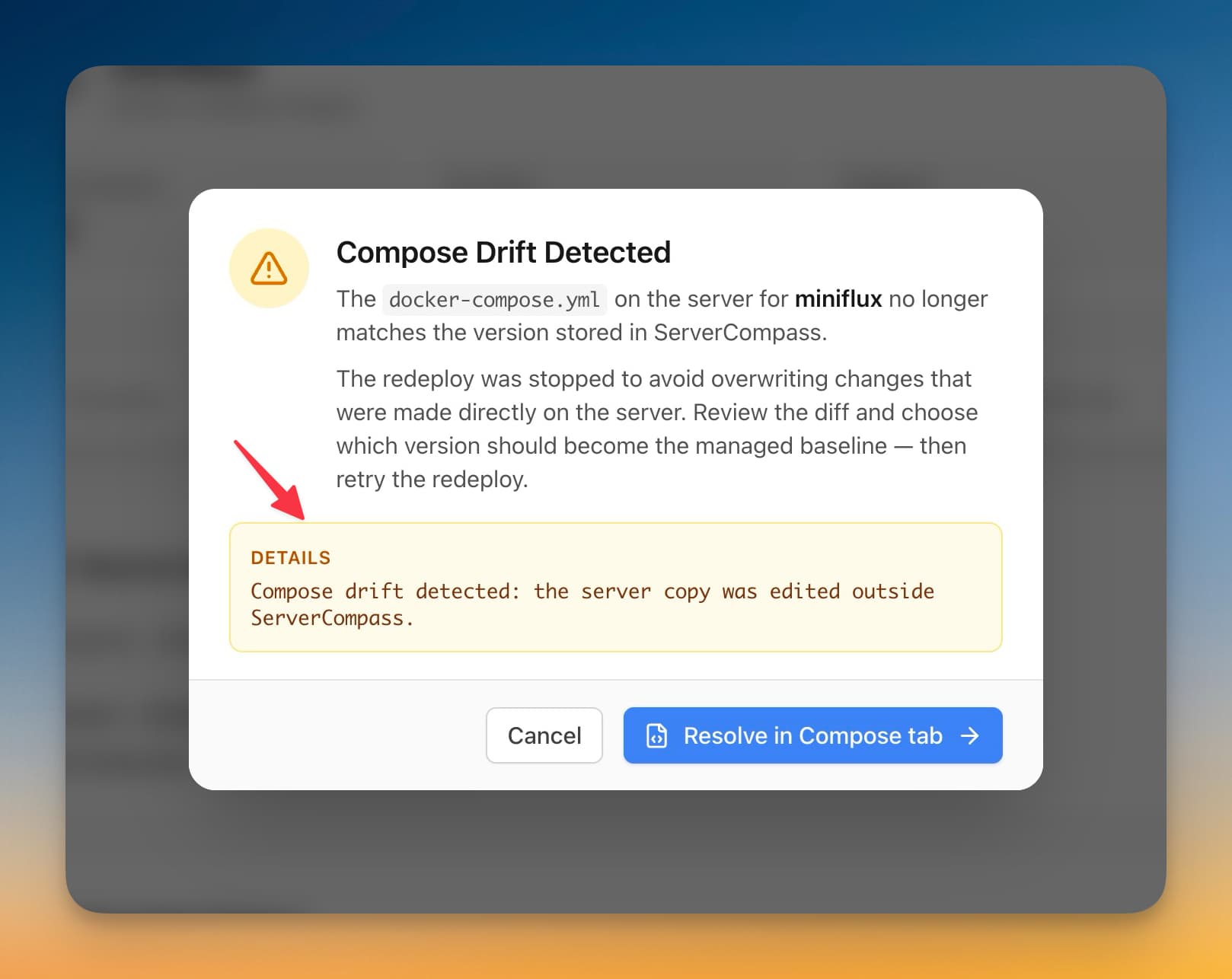 Compose Drift Protection screenshot in Server Compass