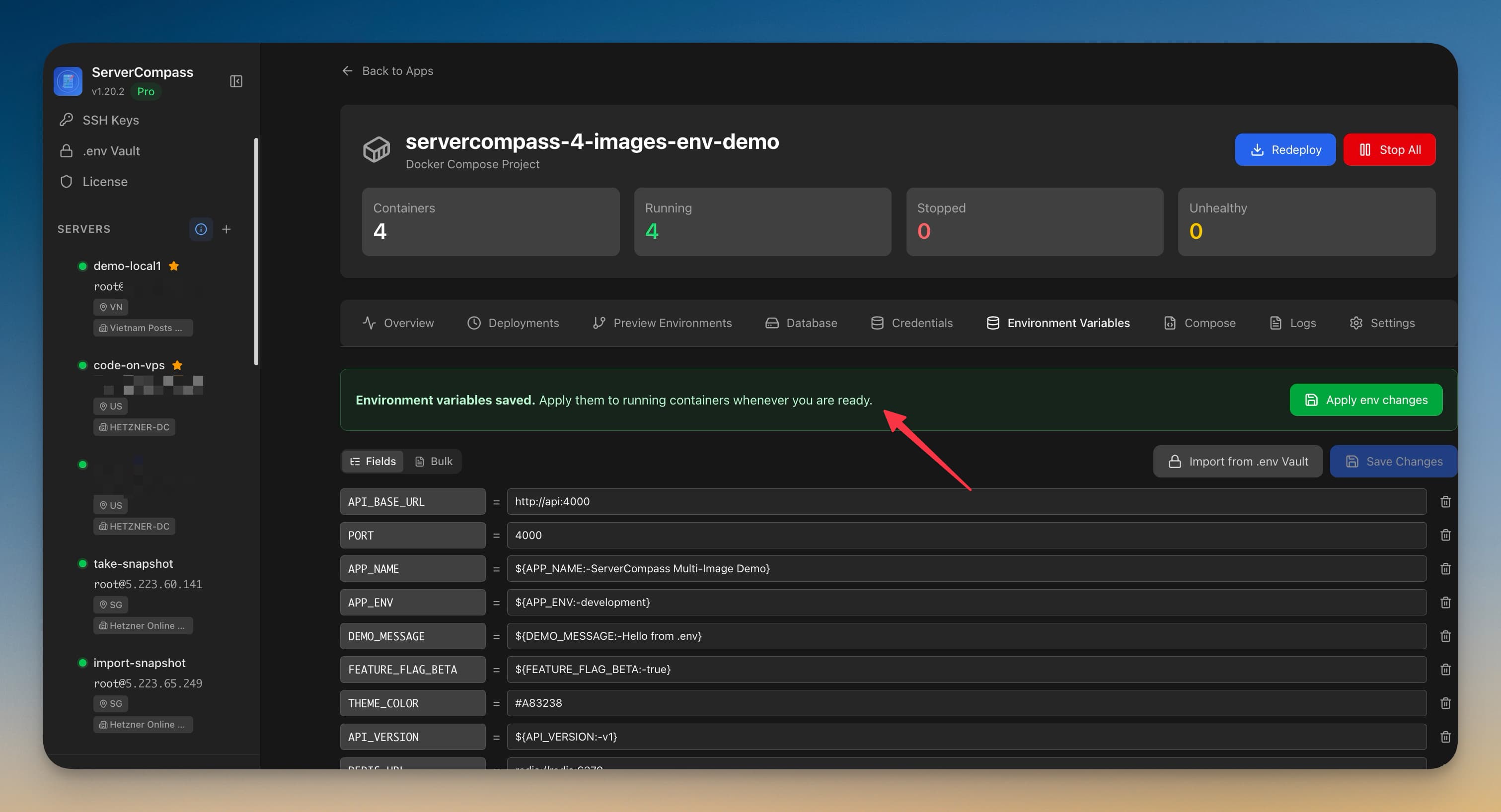Environment Variables Editor screenshot in Server Compass