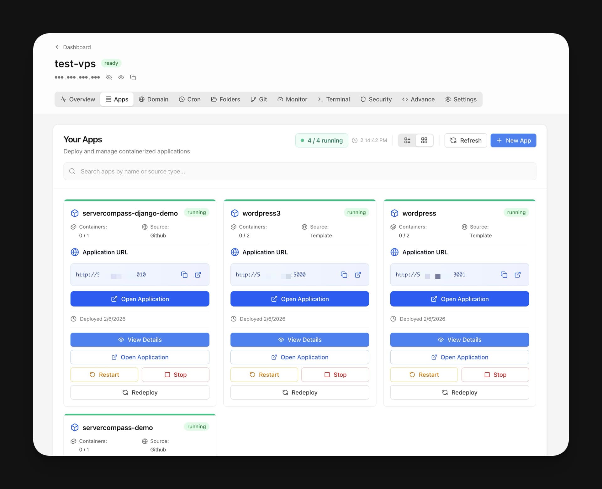 Server Compass app dashboard showing multiple Docker apps running on a VPS
