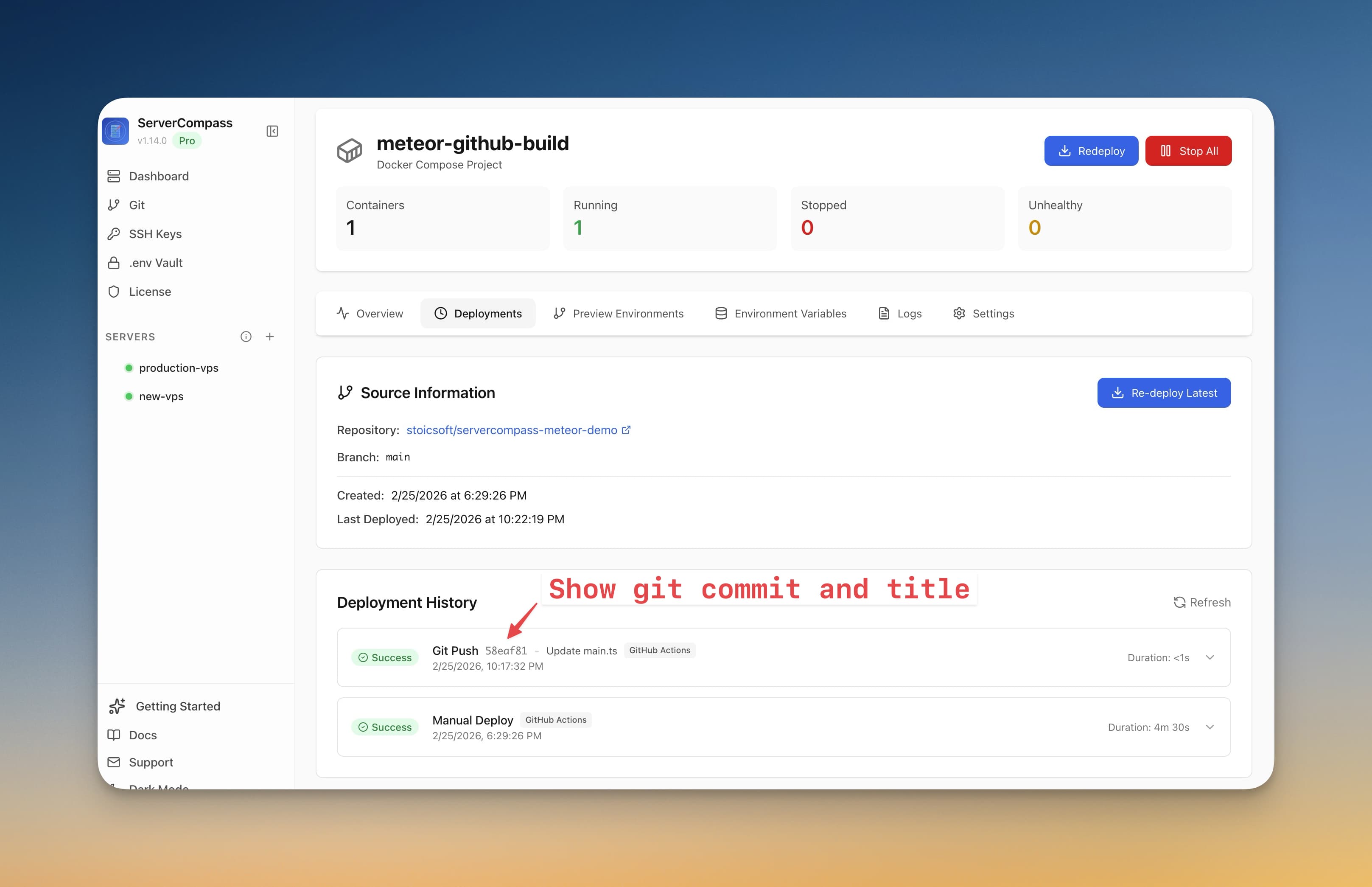 Server Compass deployment history showing Git Push auto-deploy entries with commit hashes, GitHub Actions badges, and duration tracking