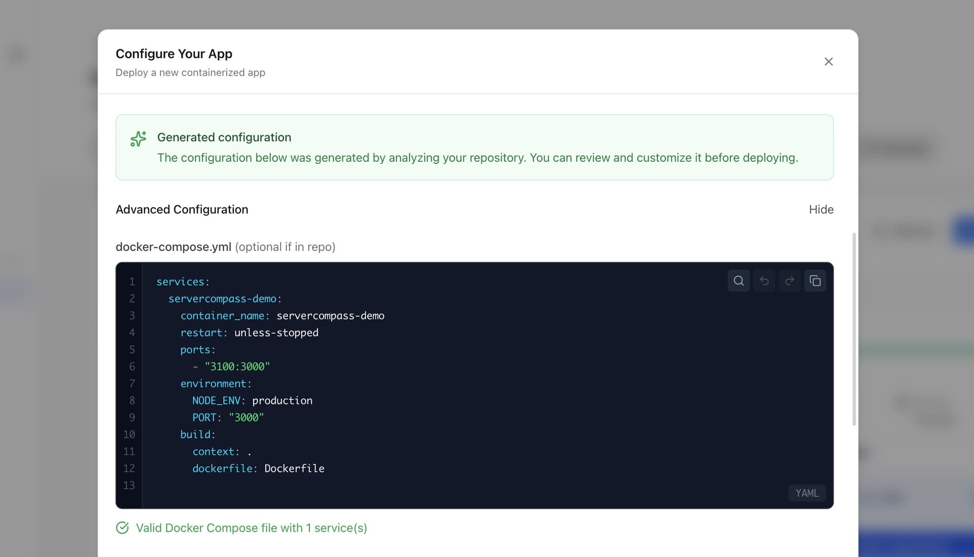 Server Compass Docker Compose Editor with syntax highlighting and validation