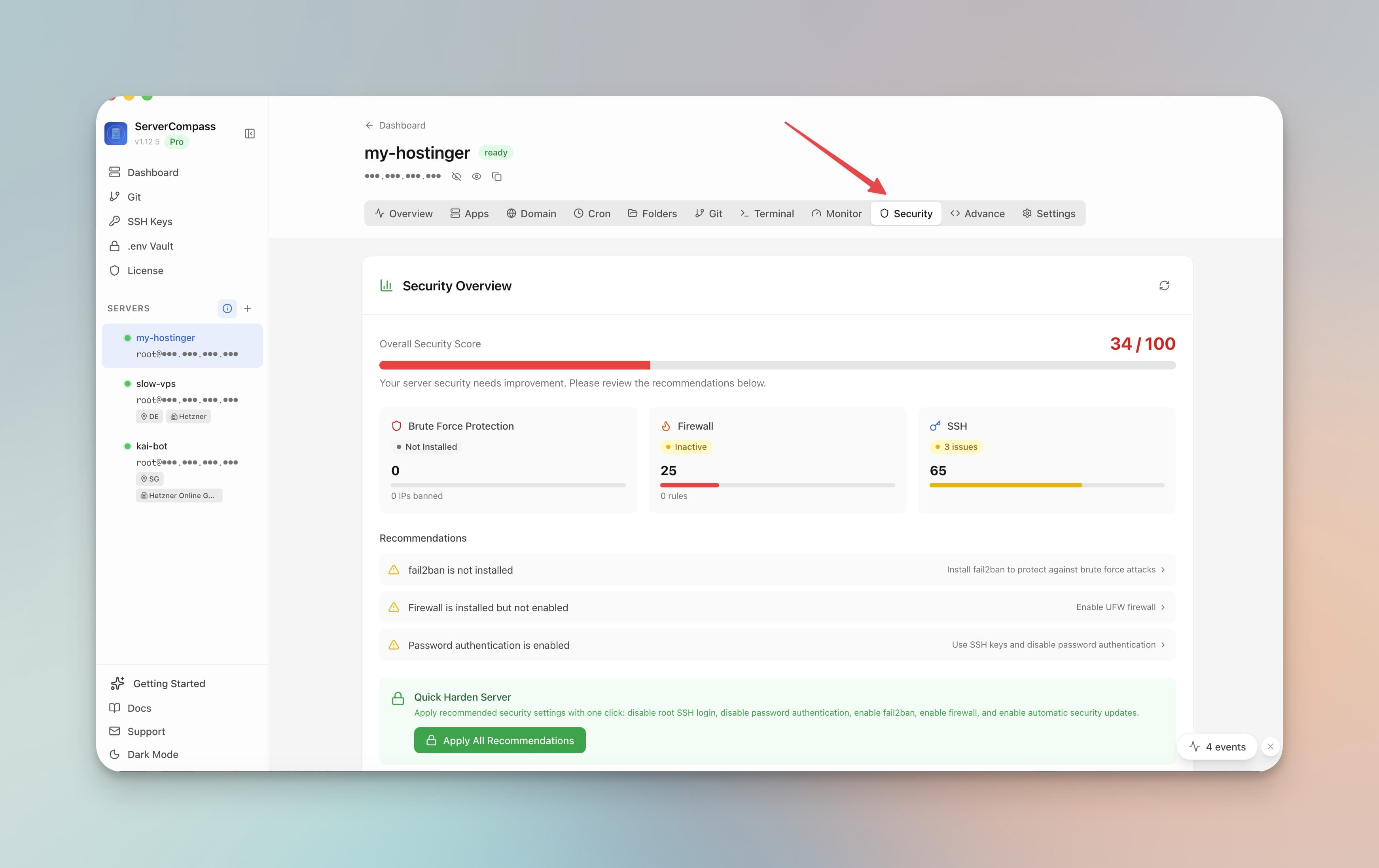 Server Compass security audit showing system checks for SSH, firewall, and server configuration
