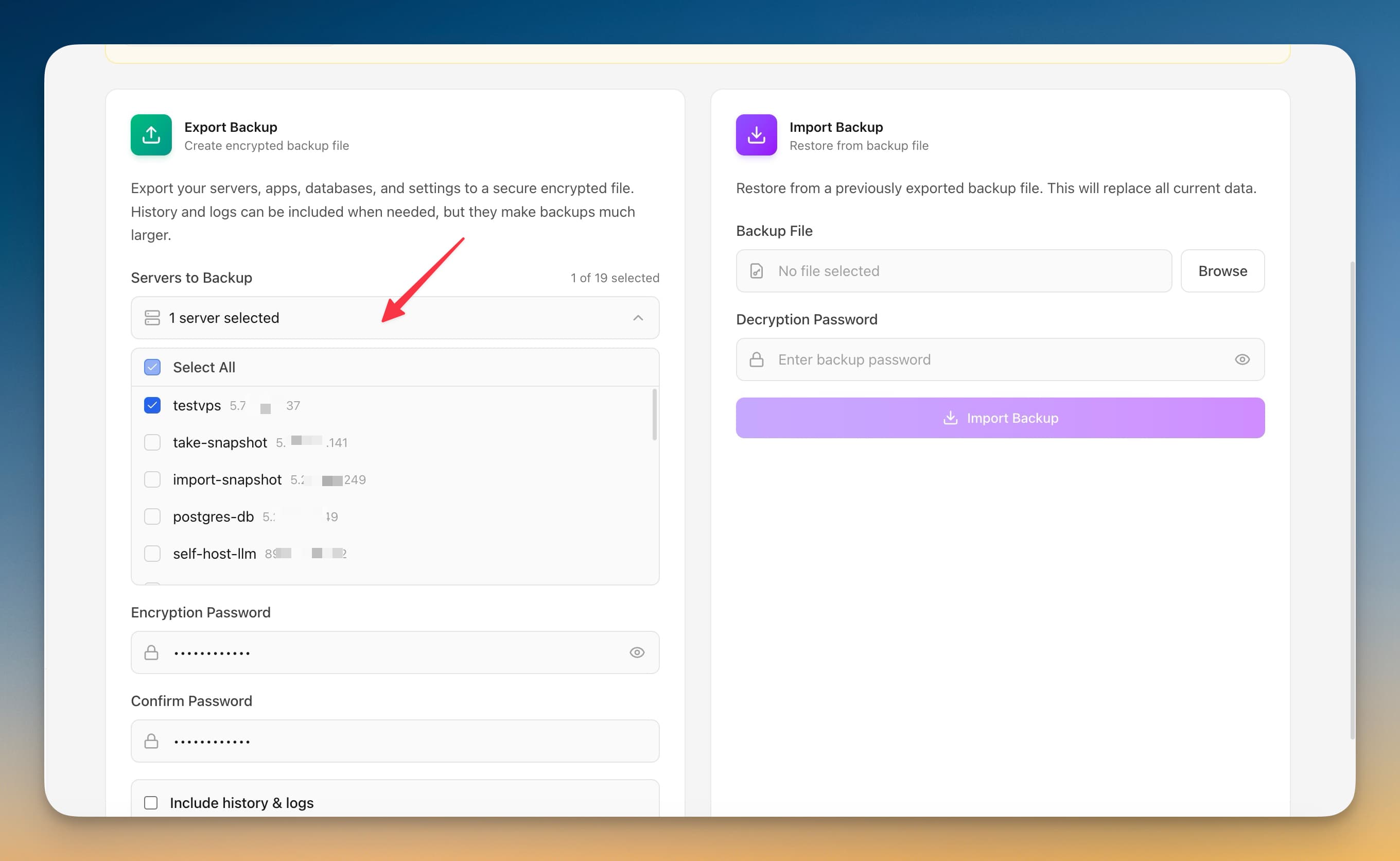 Selective Backup screenshot in Server Compass