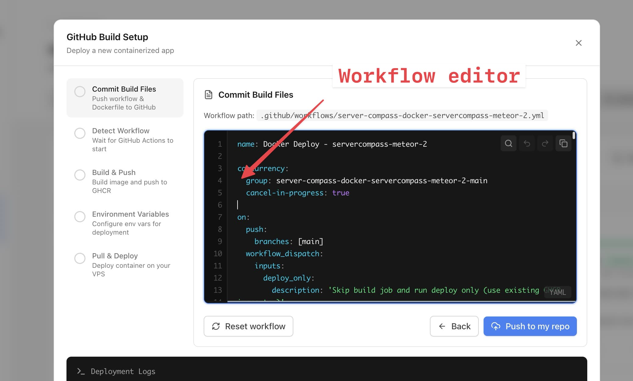 Server Compass workflow editor showing the generated GitHub Actions YAML with syntax highlighting, concurrency settings, and Push to my repo button