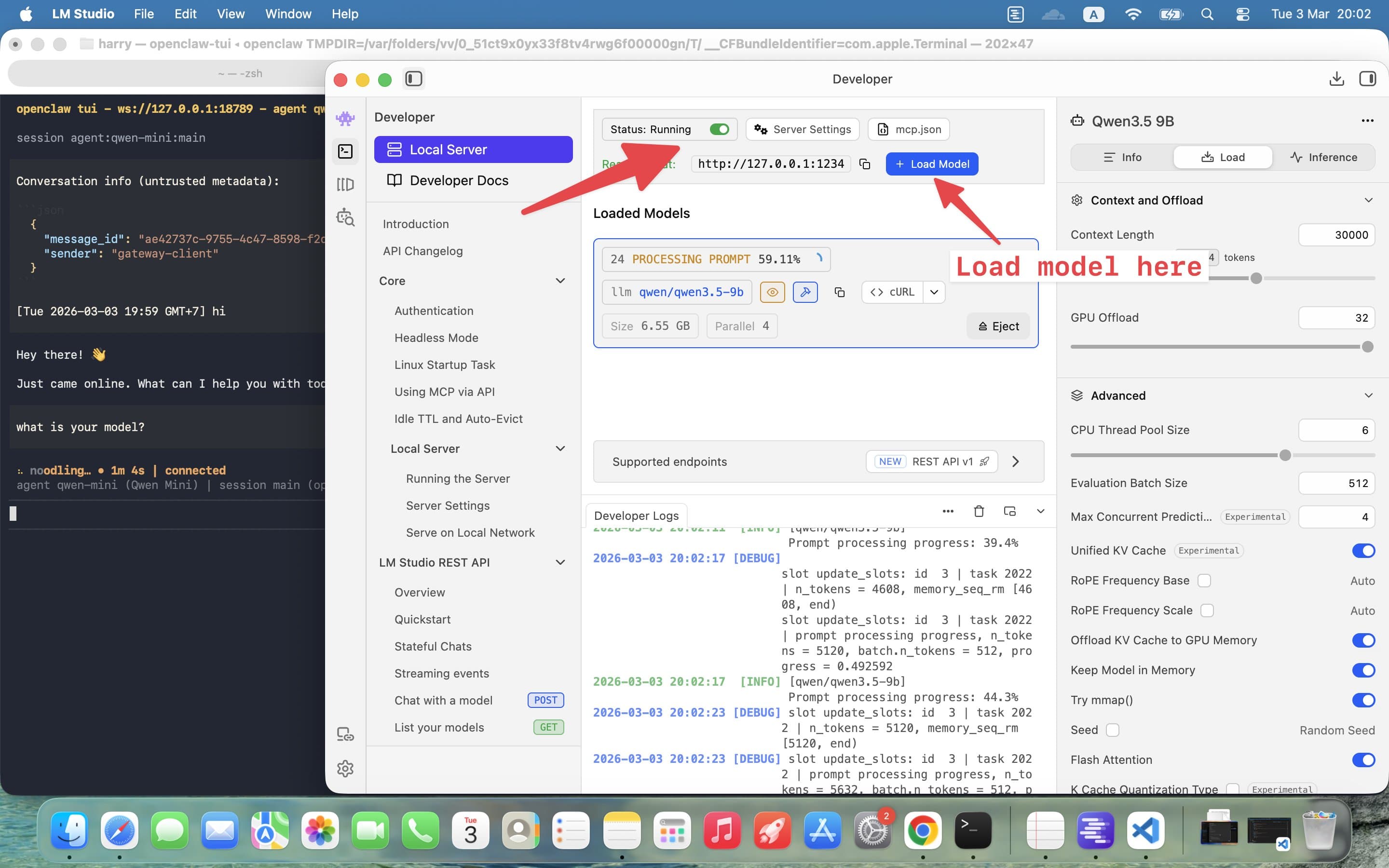 LM Studio Developer tab showing how to load Qwen3.5-9B model and start the local server
