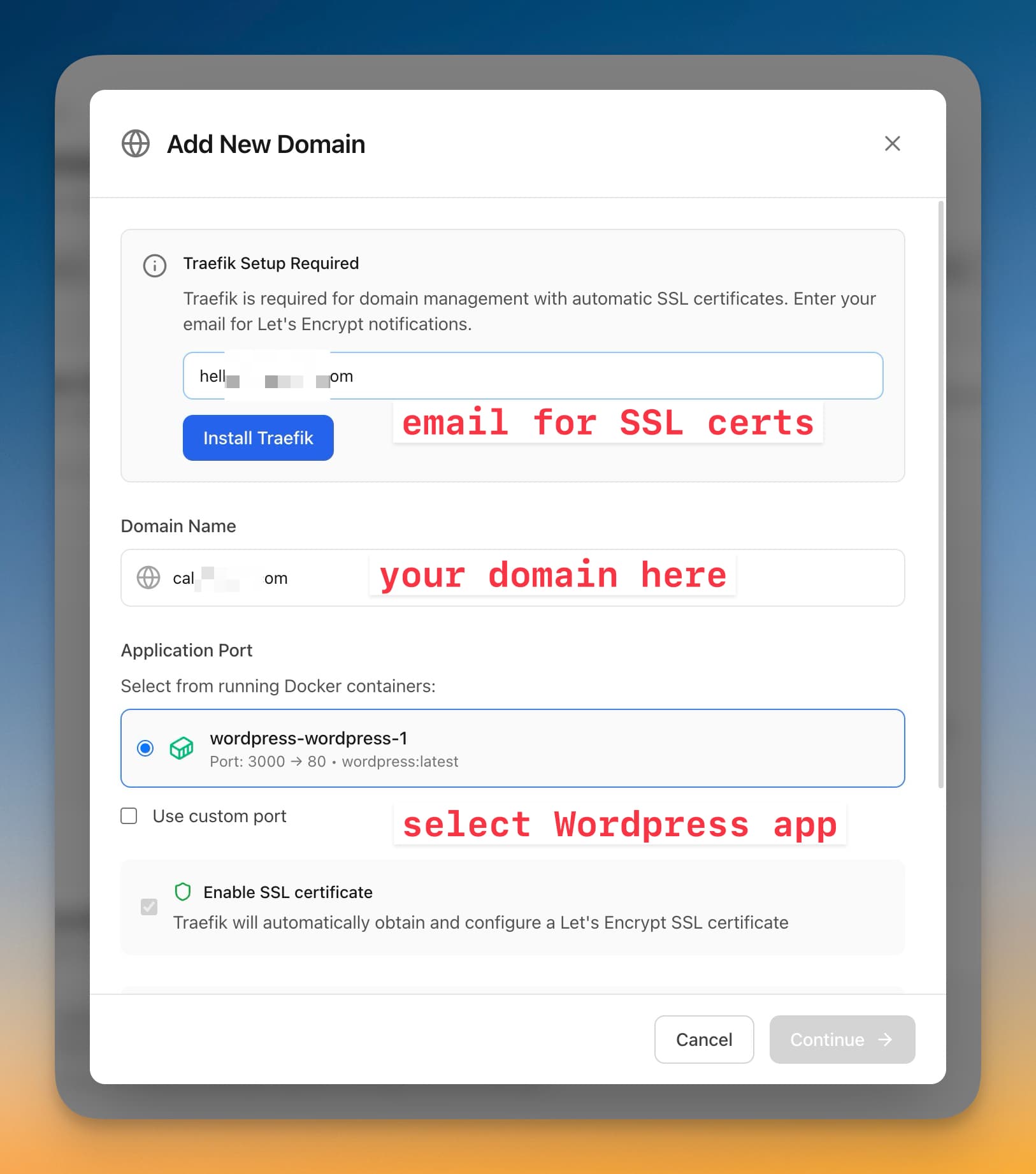 Fill in domain details