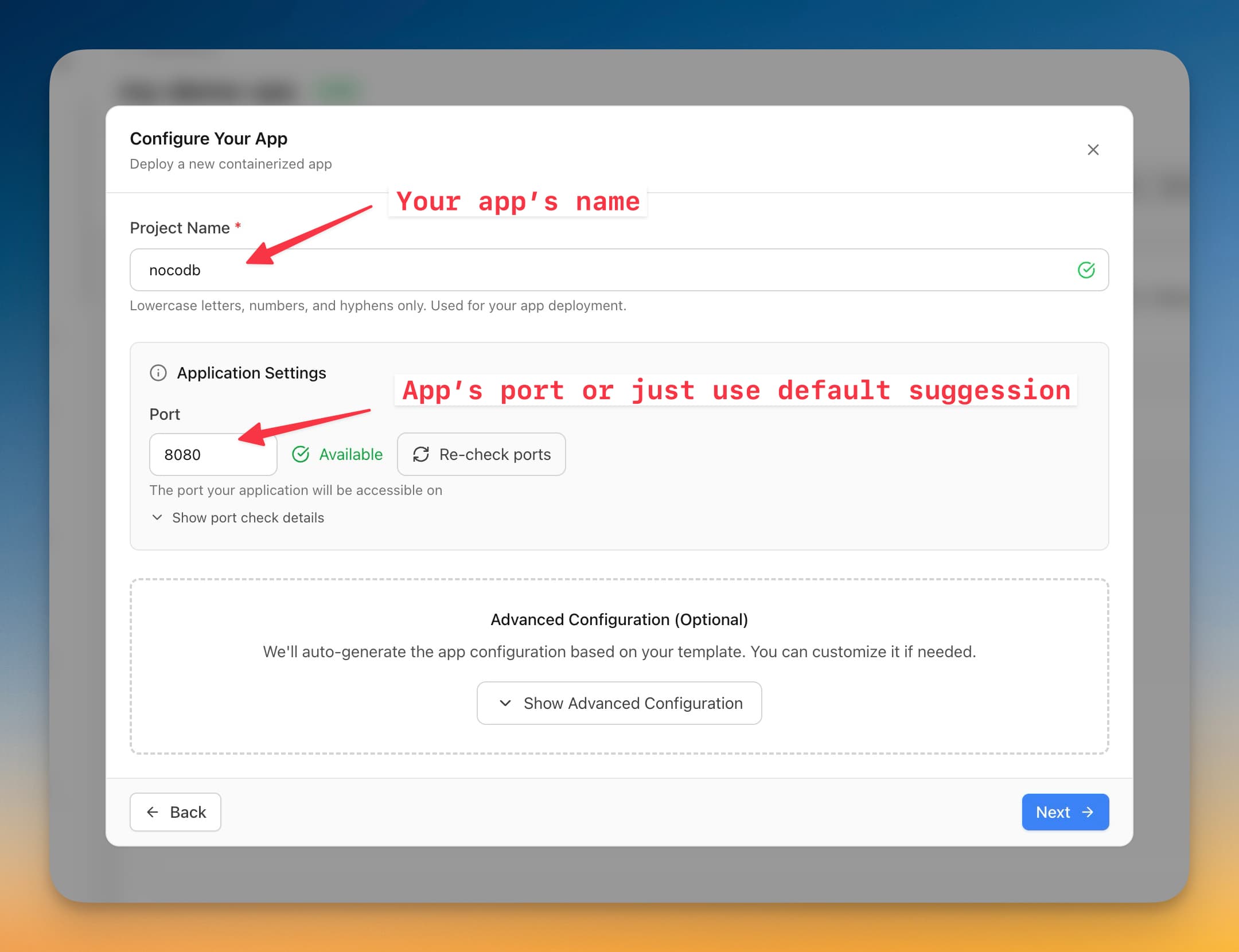 Configure project name and port