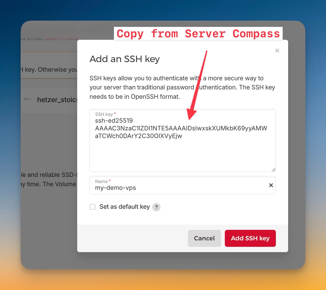 Paste SSH key in Hetzner Cloud Console