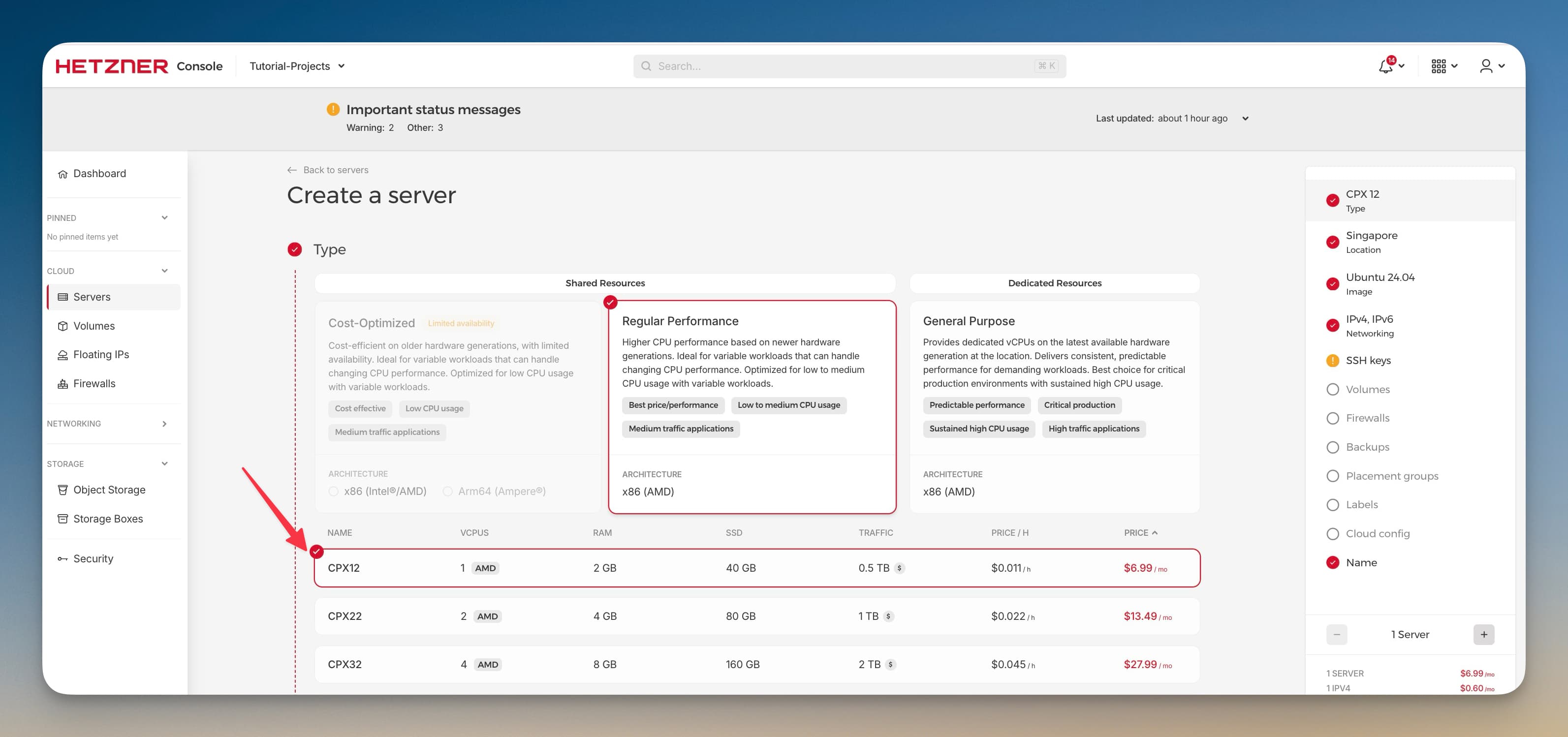 CPX12 server type selection