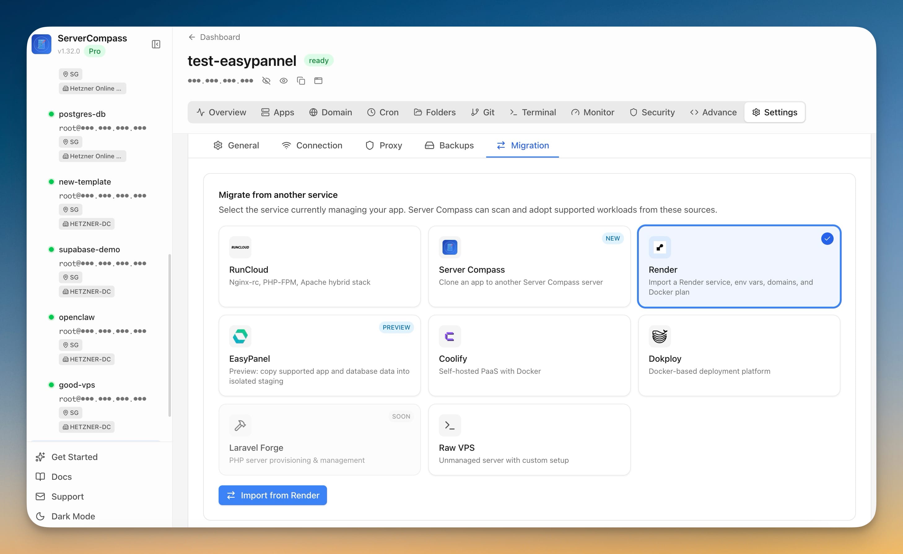 Server Compass migration source picker showing provider tiles with real brand logos — RunCloud, Server Compass, Render, EasyPanel (Preview), Coolify and Dokploy