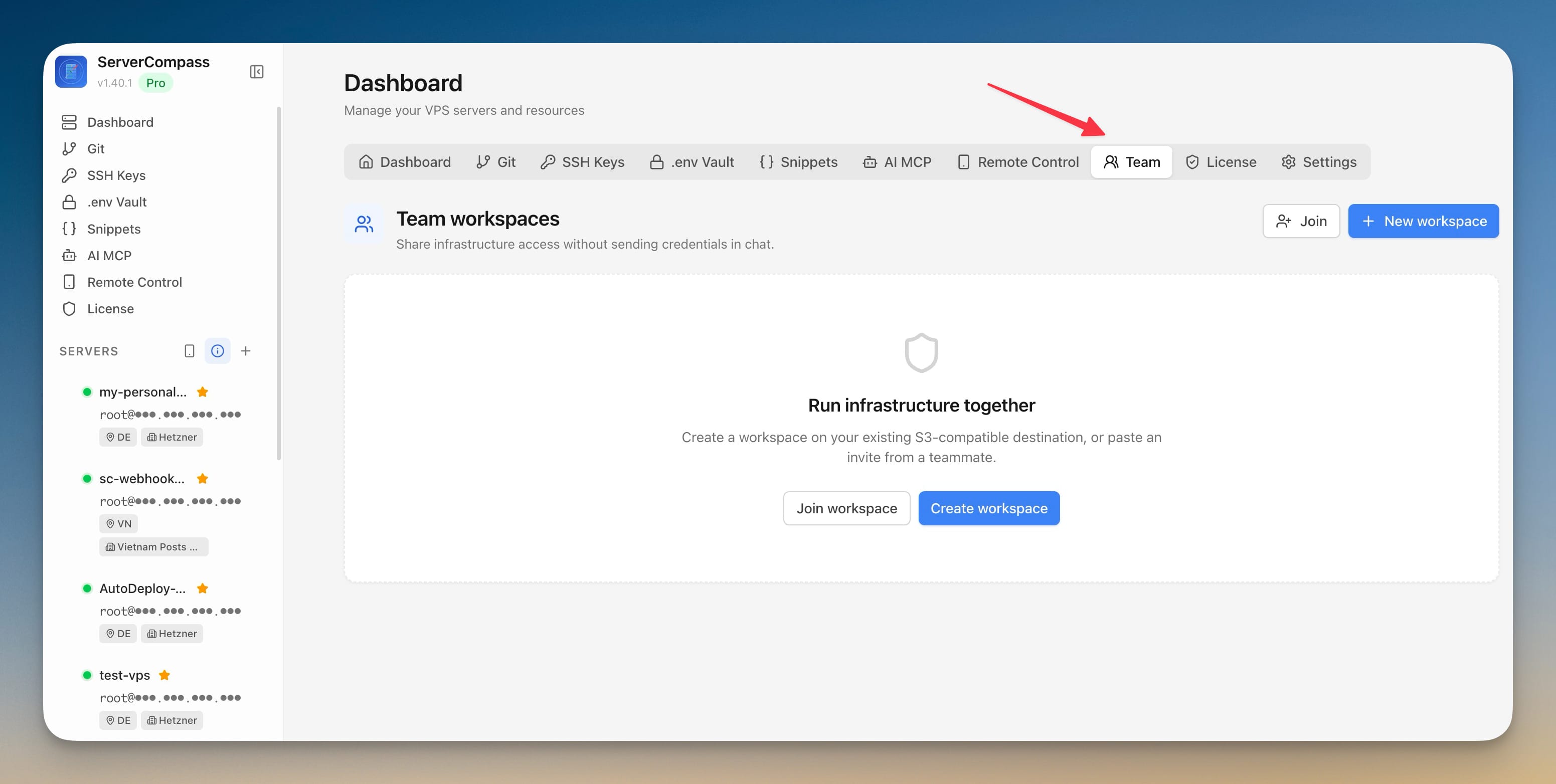 The Team tab on the Dashboard showing the empty Team workspaces state with Join workspace and Create workspace actions