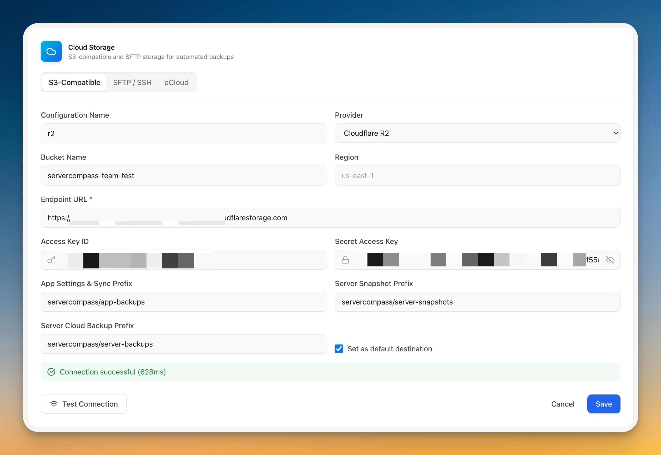 Cloud Storage settings configuring a Cloudflare R2 S3-compatible bucket, with a successful connection test before it can host a workspace
