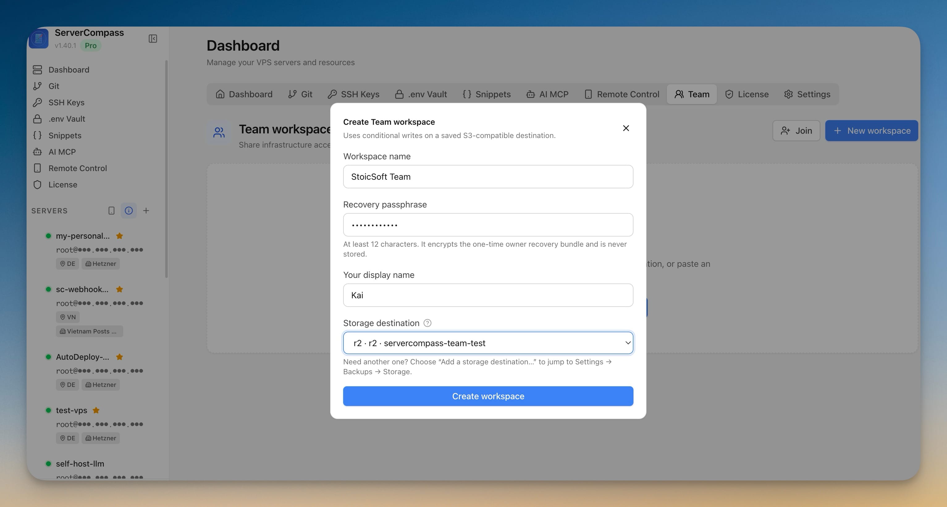 Create Team workspace dialog with workspace name, recovery passphrase, display name, and the saved R2 storage destination selected