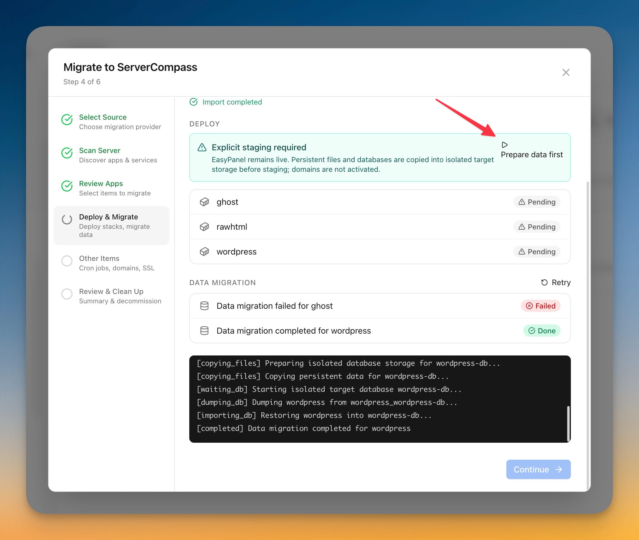 Deploy and Migrate step showing an explicit-staging notice that EasyPanel remains live while persistent files and databases are copied into isolated target storage, with a Prepare data first action