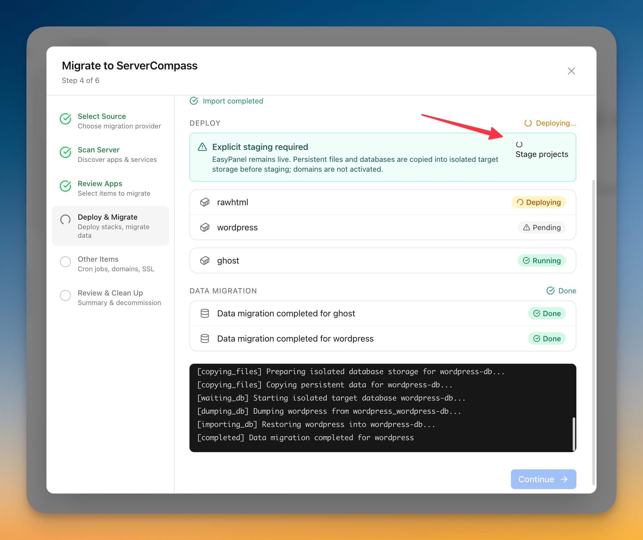 Deploy and Migrate step with EasyPanel projects staged — ghost Running and rawhtml Deploying — and data migration completed for ghost and wordpress
