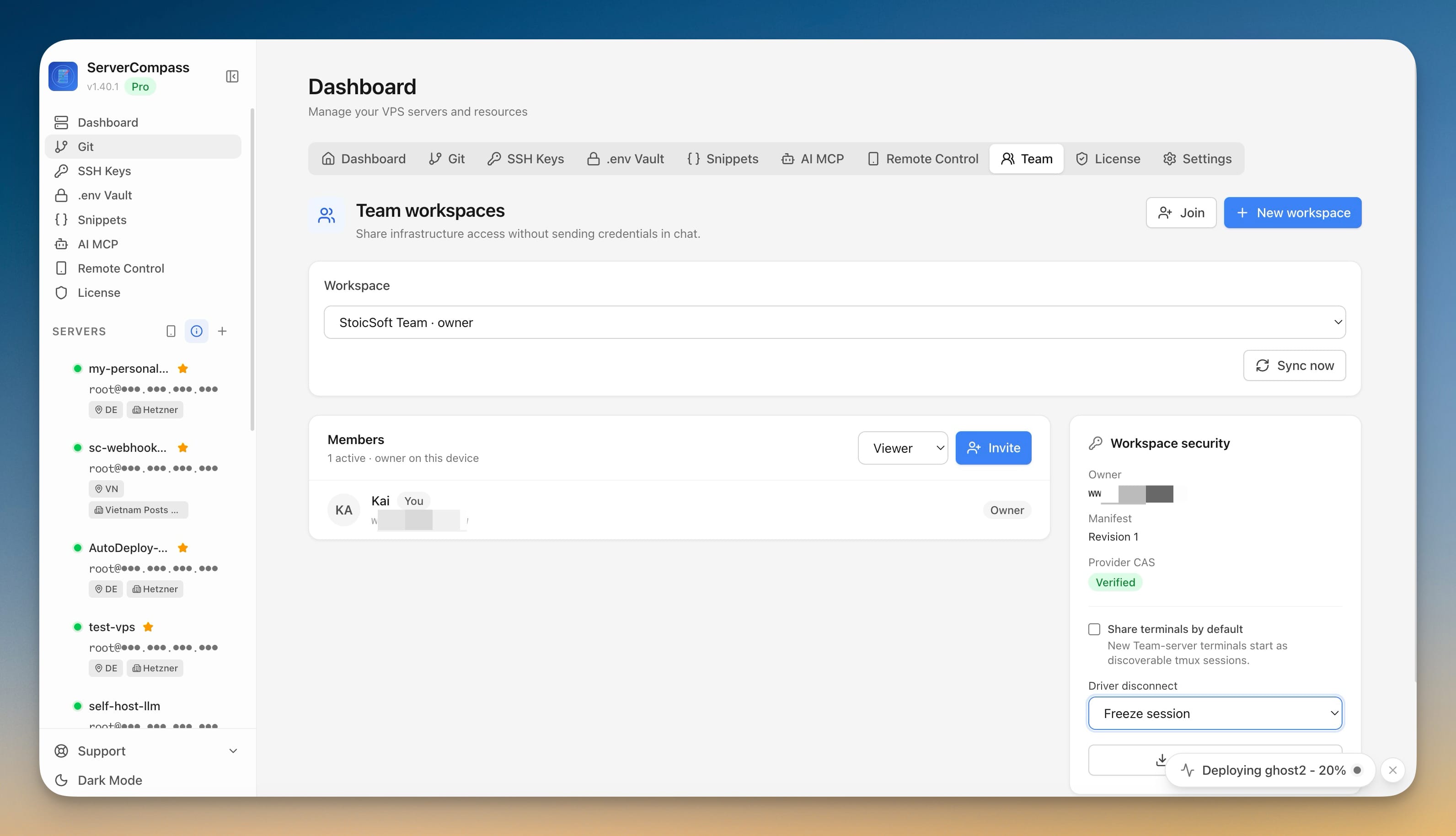 Team Workspaces screenshot in Server Compass