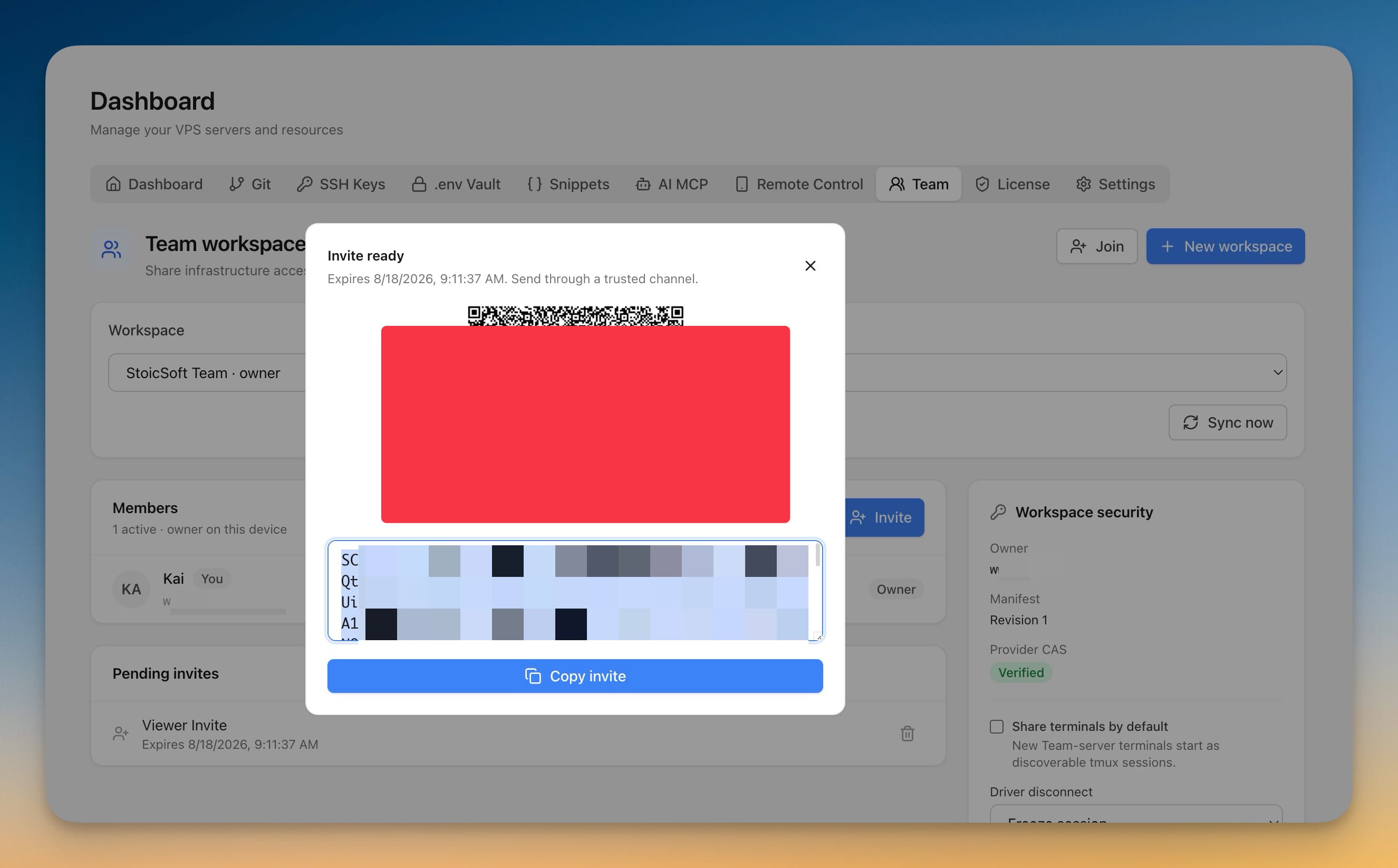 Invite ready dialog showing a QR code, an expiry time, a copyable invite code, and the pending Viewer invite listed behind it